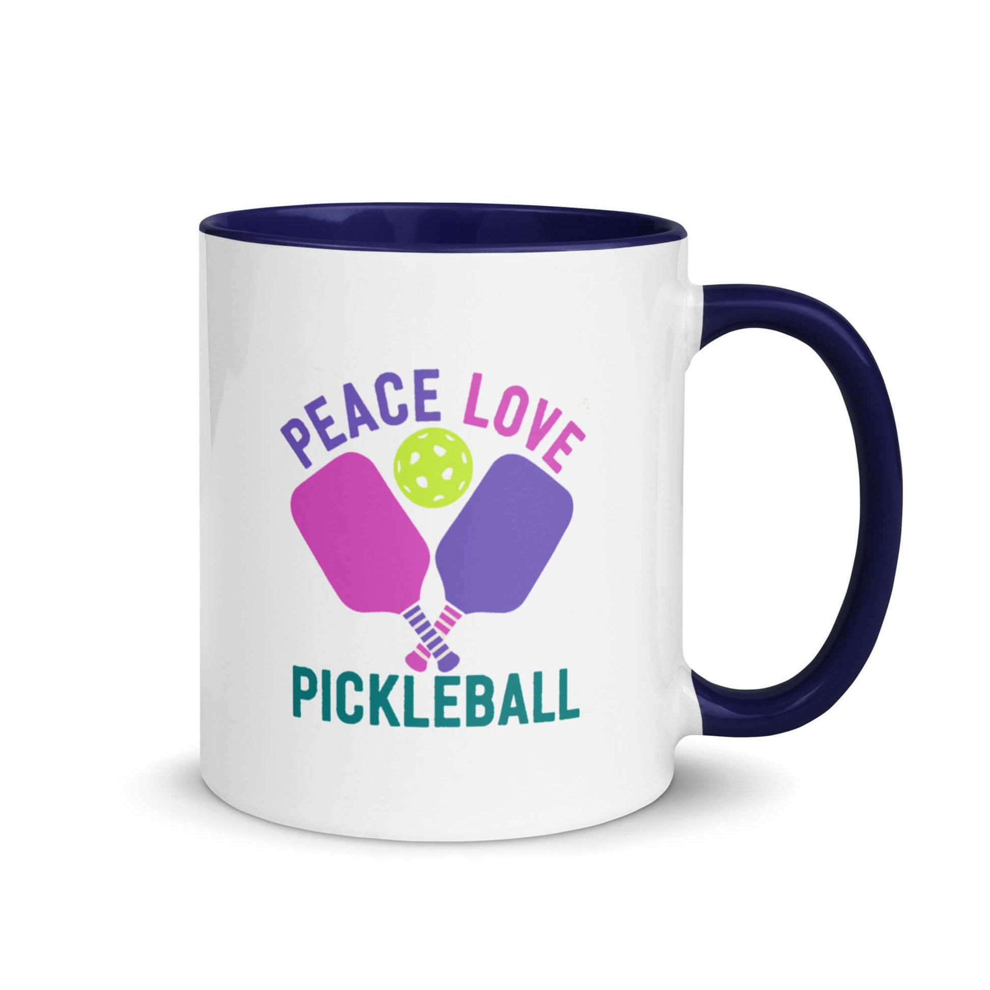 Peace Love Pickleball mug with accent color, perfect for enthusiasts to enjoy drinks in style.