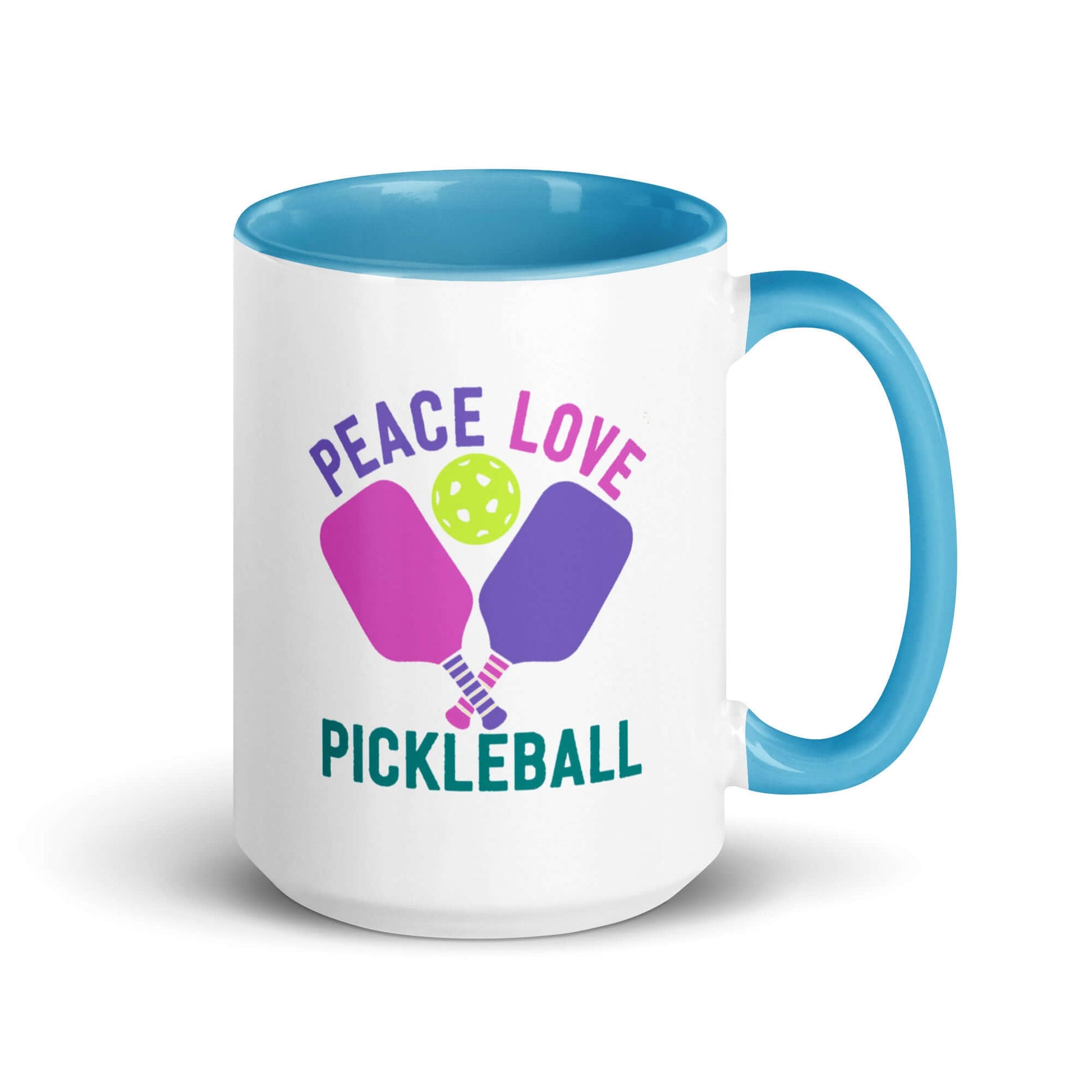 Peace Love Pickleball mug with colorful interior, perfect for pickleball enthusiasts and stylish coffee breaks.