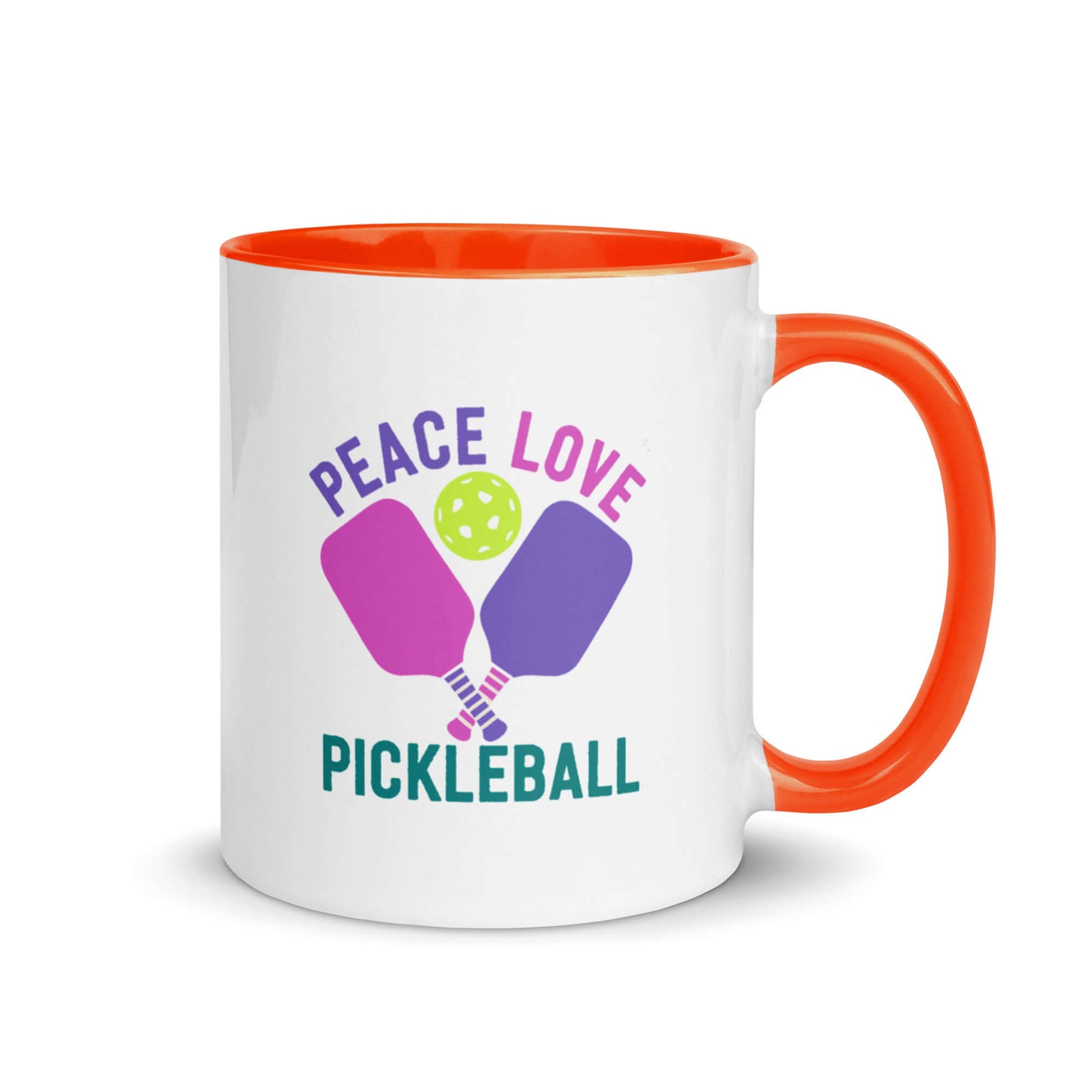 Peace, Love, Pickleball mug with orange accent, perfect for pickleball enthusiasts.