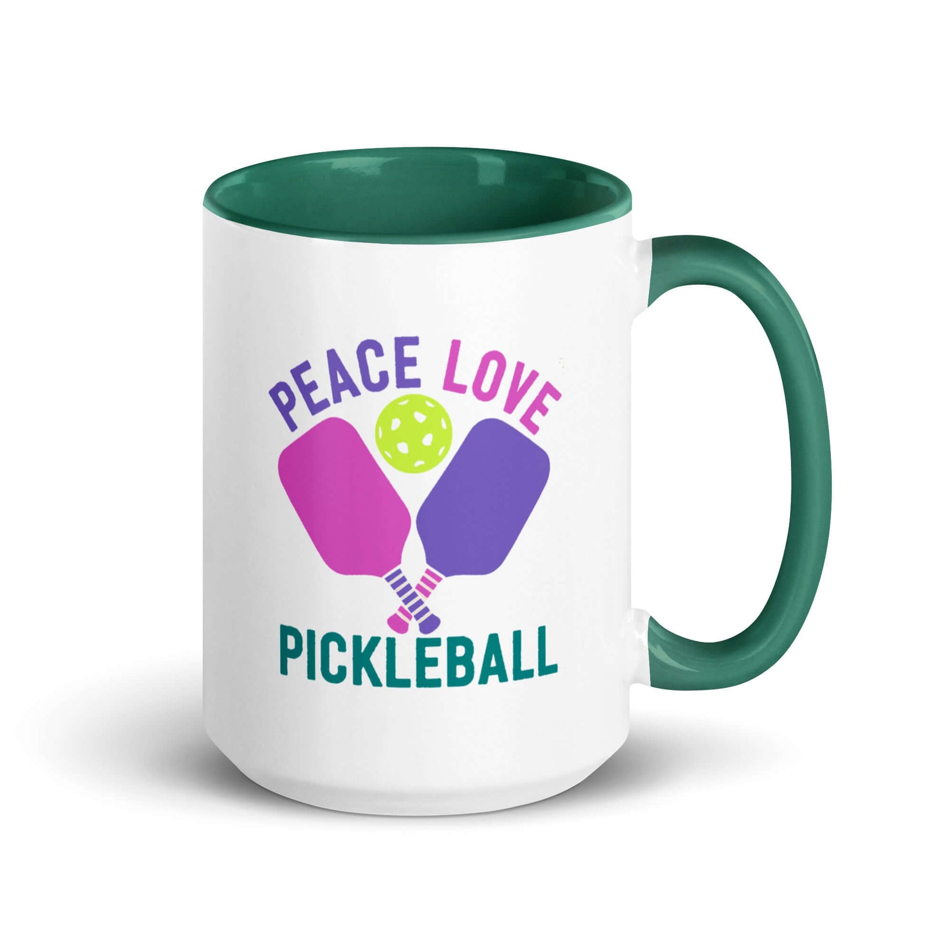 Colorful Peace Love Pickleball mug with green handle, perfect for pickleball enthusiasts.