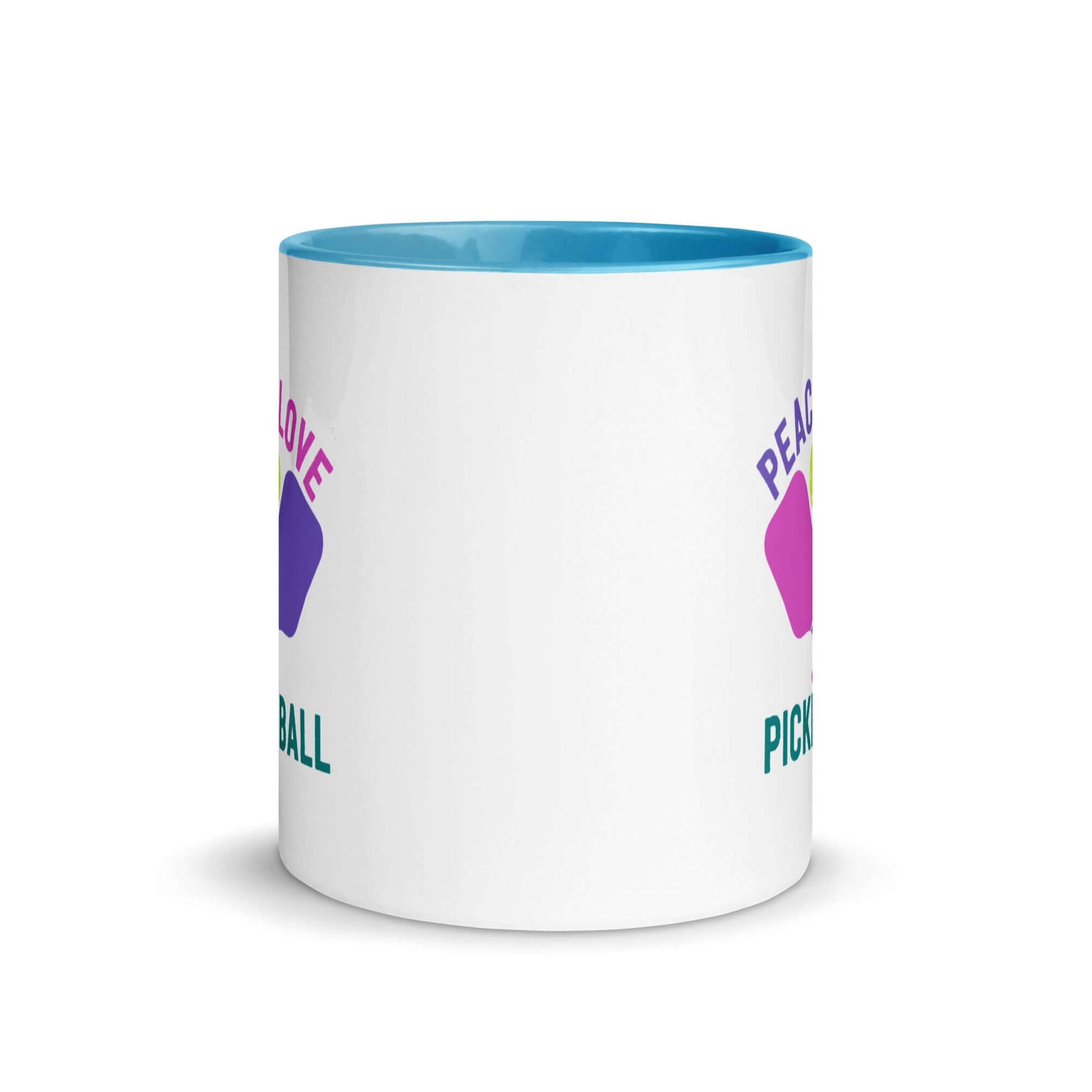 Peace, Love, Pickleball mug with accent color, perfect for pickleball enthusiasts and vibrant coffee lovers.