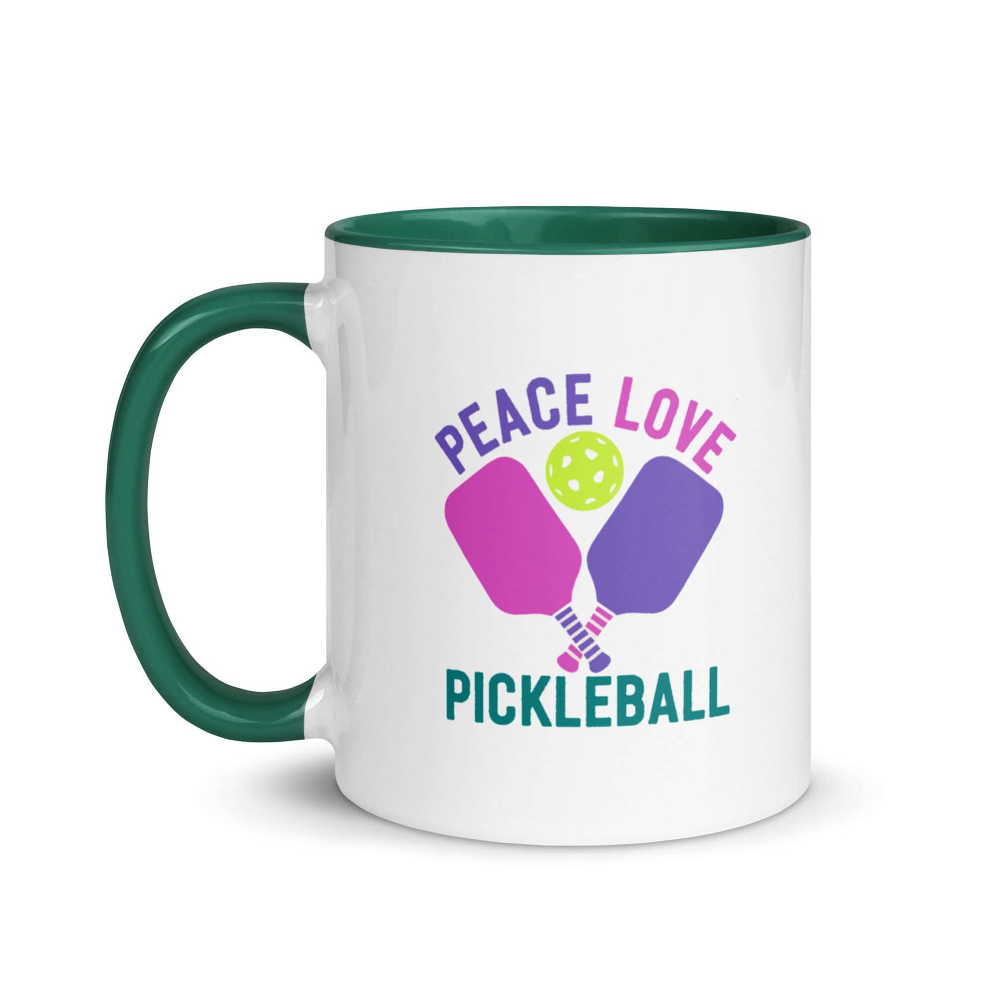 Peace Love Pickleball mug with green accent, perfect for pickleball enthusiasts and vibrant coffee breaks.