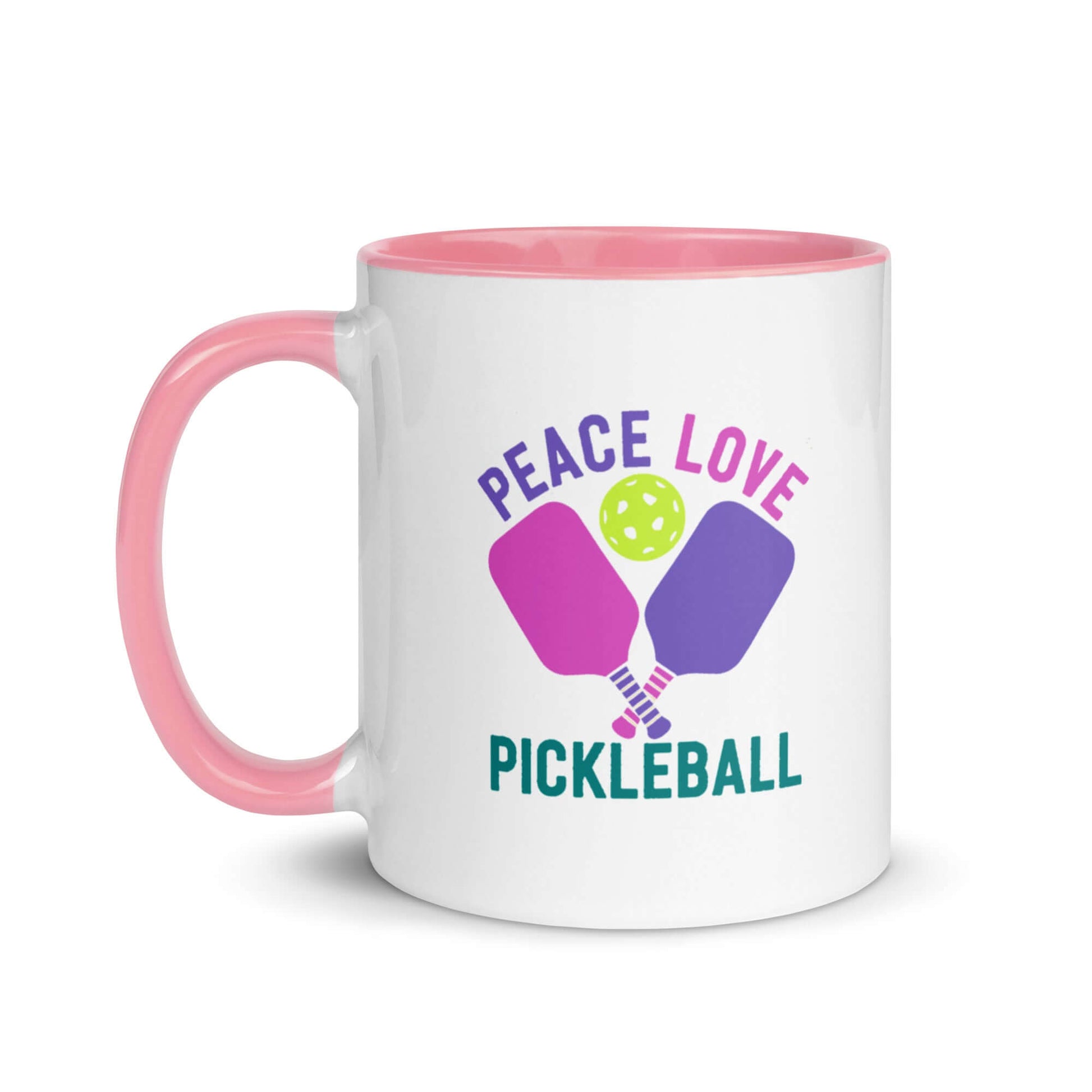 Peace Love Pickleball mug with pink accent, perfect for pickleball enthusiasts and vibrant coffee experiences.