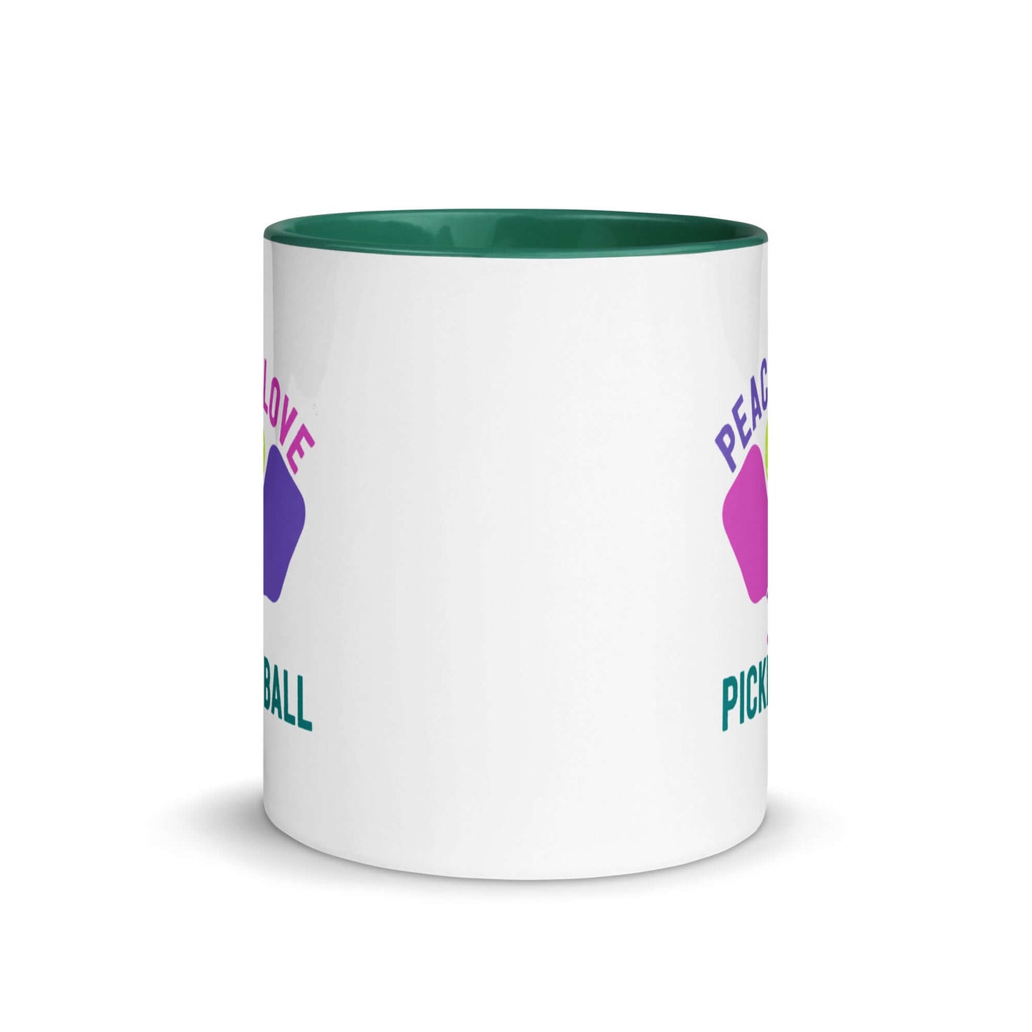 Peace, Love, Pickleball Mug with green accent color for coffee enthusiasts and pickleball fans.