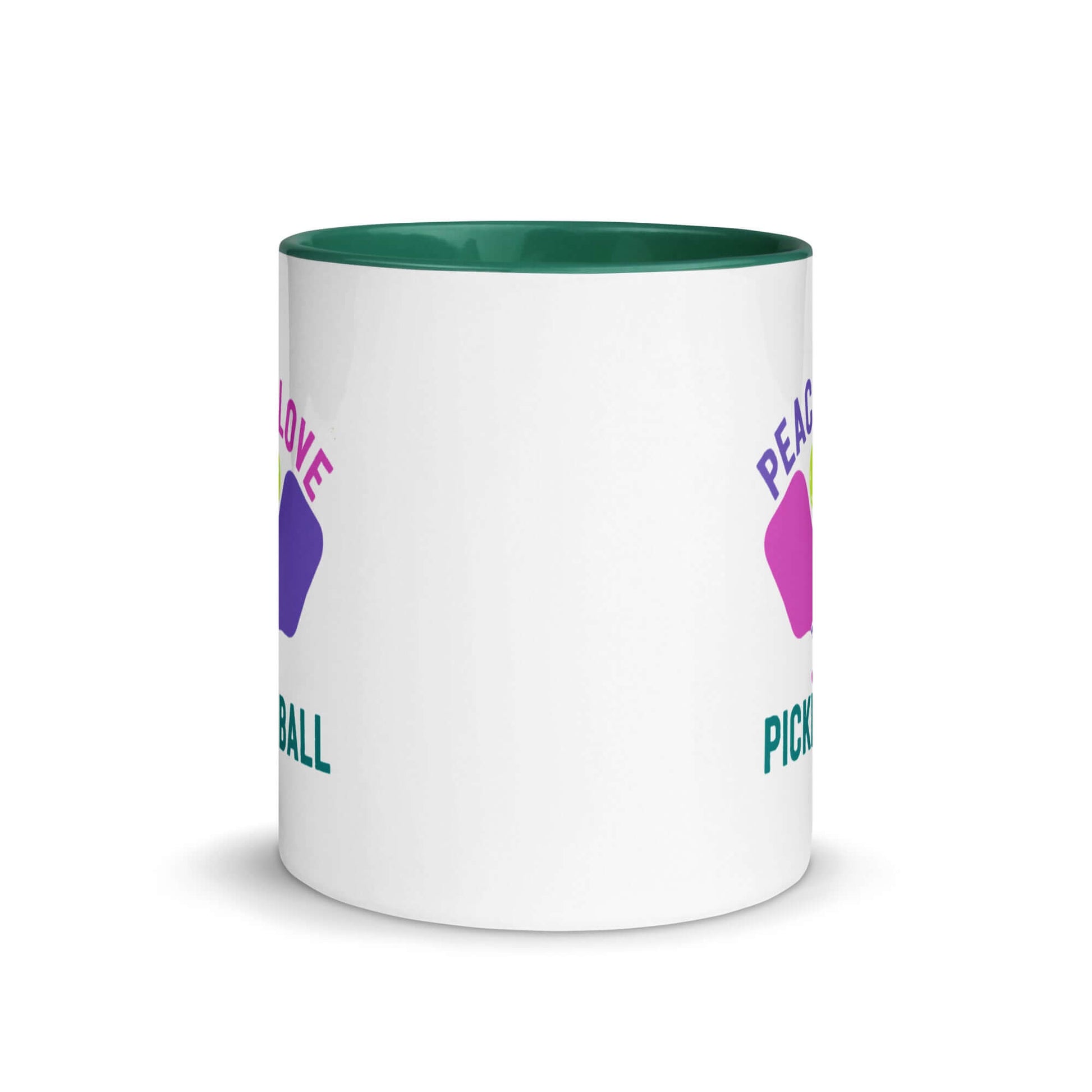 Peace, Love, Pickleball Mug with green accent color for coffee enthusiasts and pickleball fans.