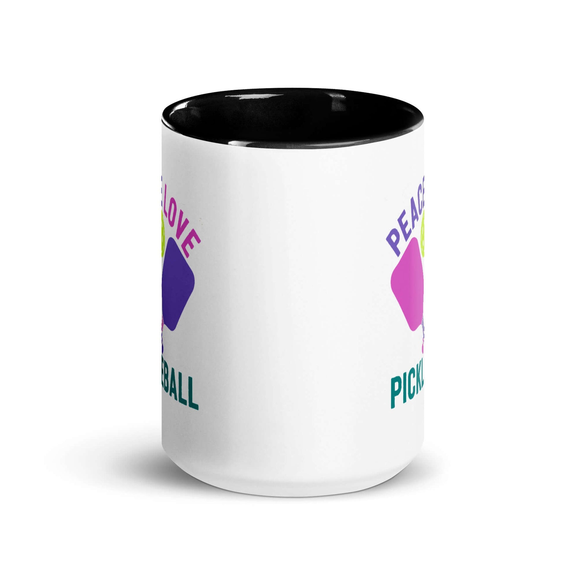 Peace, Love, Pickleball Mug with accent color, perfect for pickleball enthusiasts and stylish sipping.