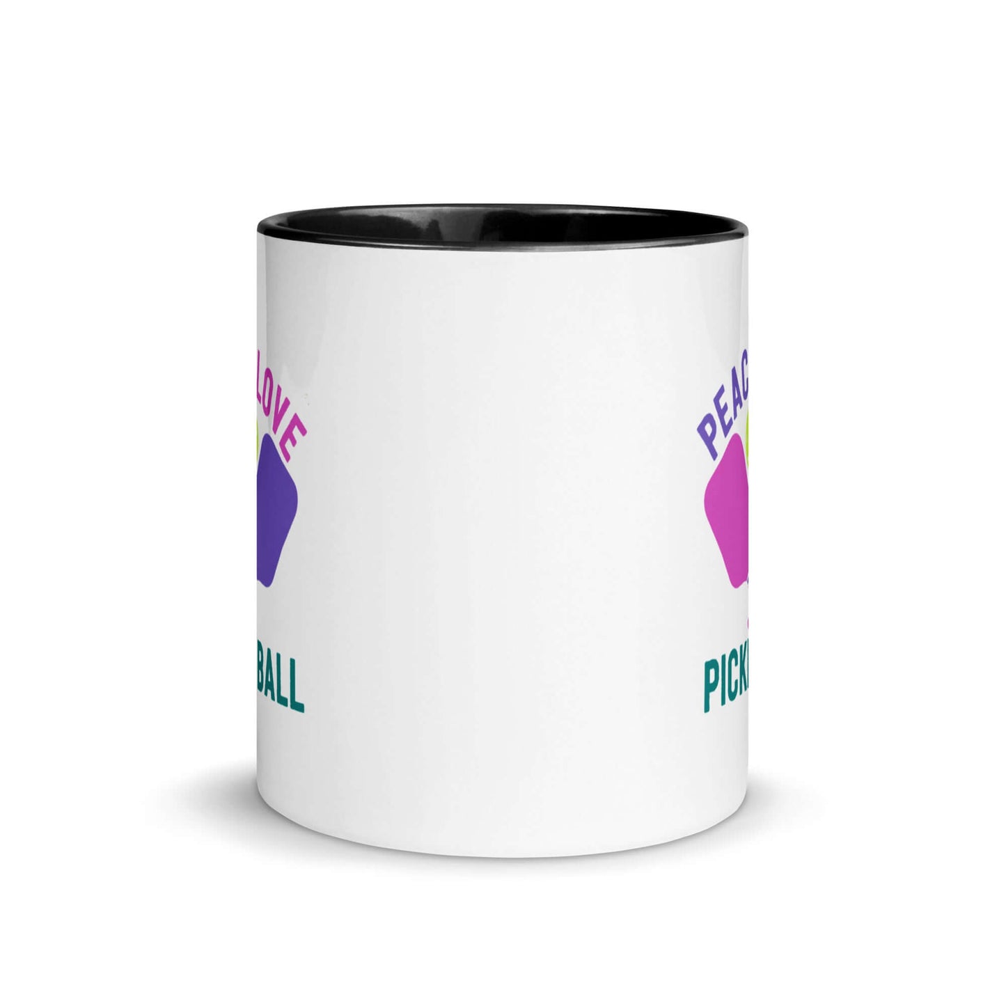 Peace, Love, Pickleball Mug with Accent Color showcasing vibrant design for pickleball enthusiasts.