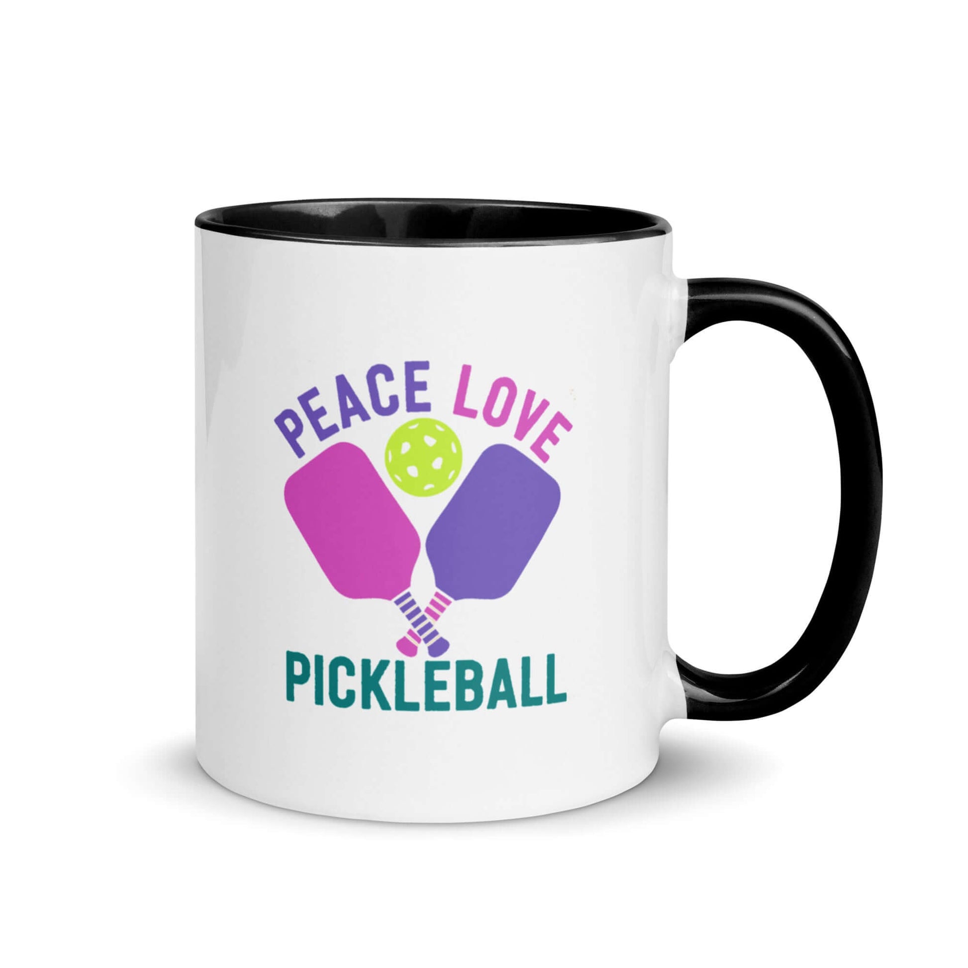 Peace Love Pickleball mug with black accent, featuring paddles and a pickleball in vibrant colors.