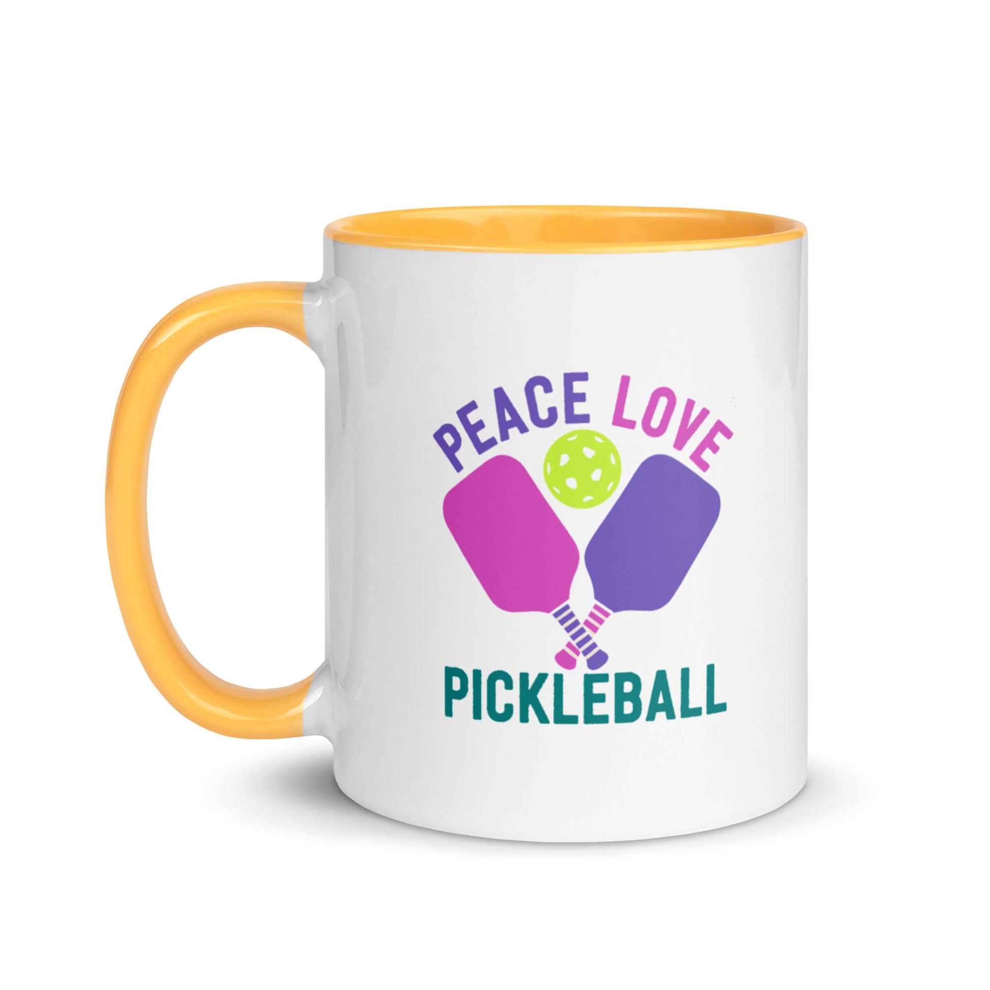 Peace Love Pickleball Mug with yellow accent, perfect for pickleball enthusiasts and coffee lovers.