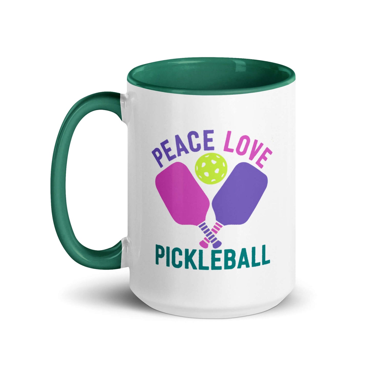 Peace Love Pickleball mug with accent color, perfect for pickleball enthusiasts, showcasing vibrant design.