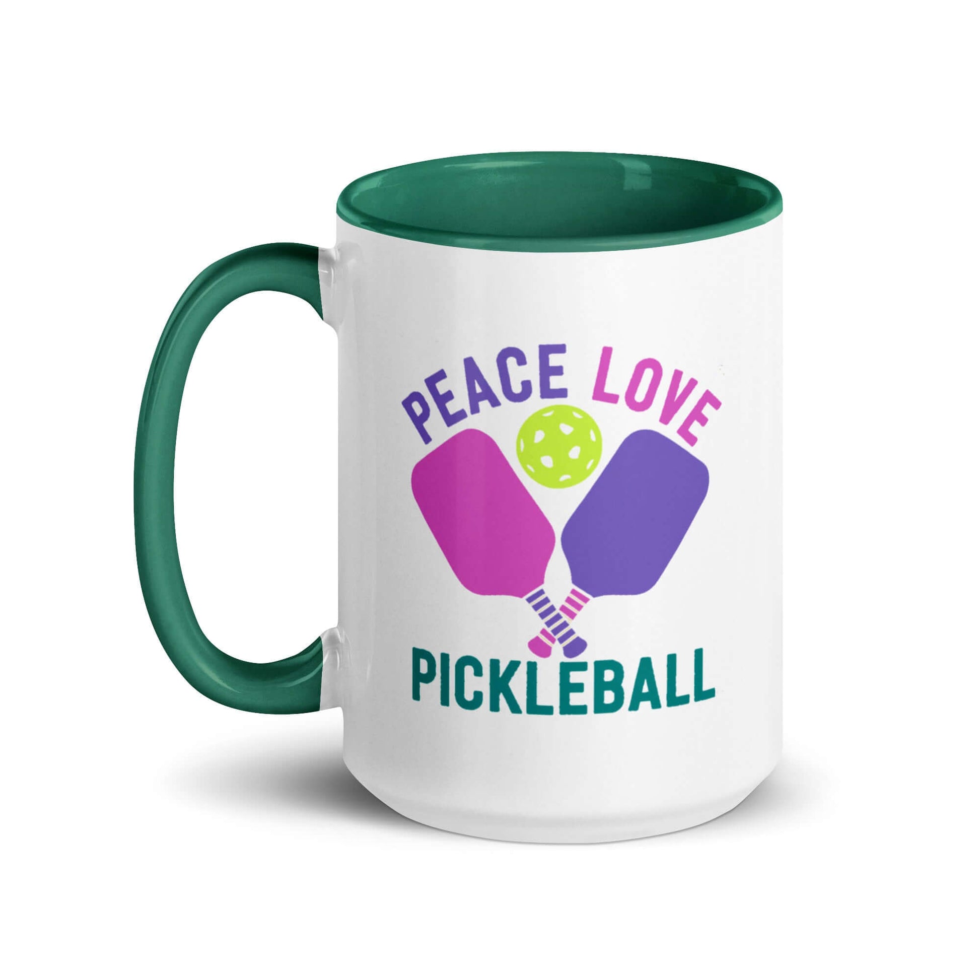 Peace Love Pickleball mug with accent color, perfect for pickleball enthusiasts, showcasing vibrant design.