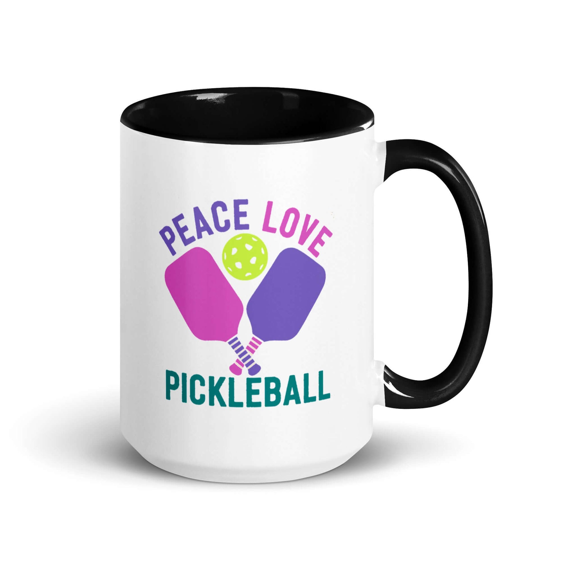 Peace Love Pickleball Mug with black accent, perfect for pickleball enthusiasts and vibrant coffee rituals.