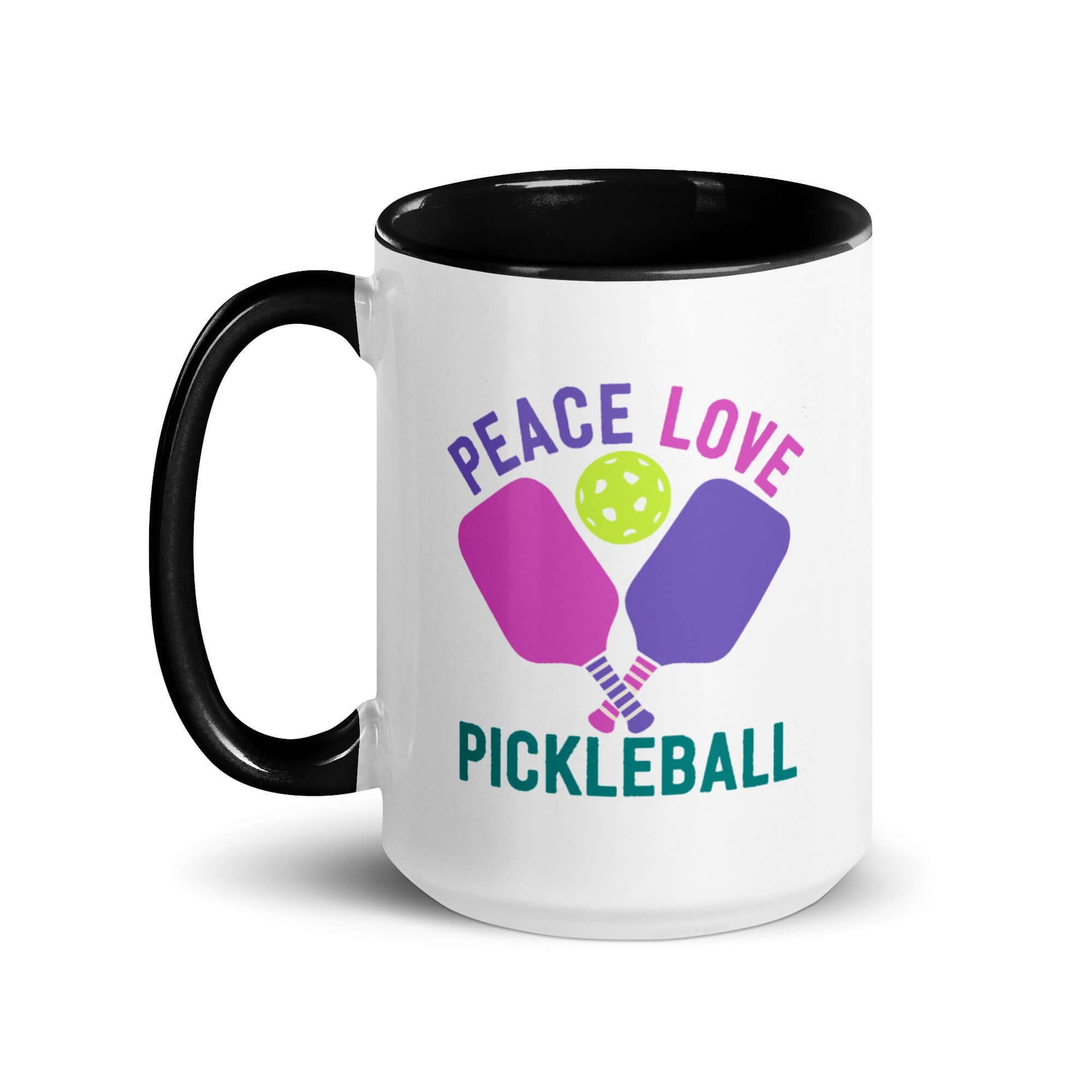 Peace Love Pickleball mug with accent color for coffee or tea, ideal for pickleball enthusiasts.