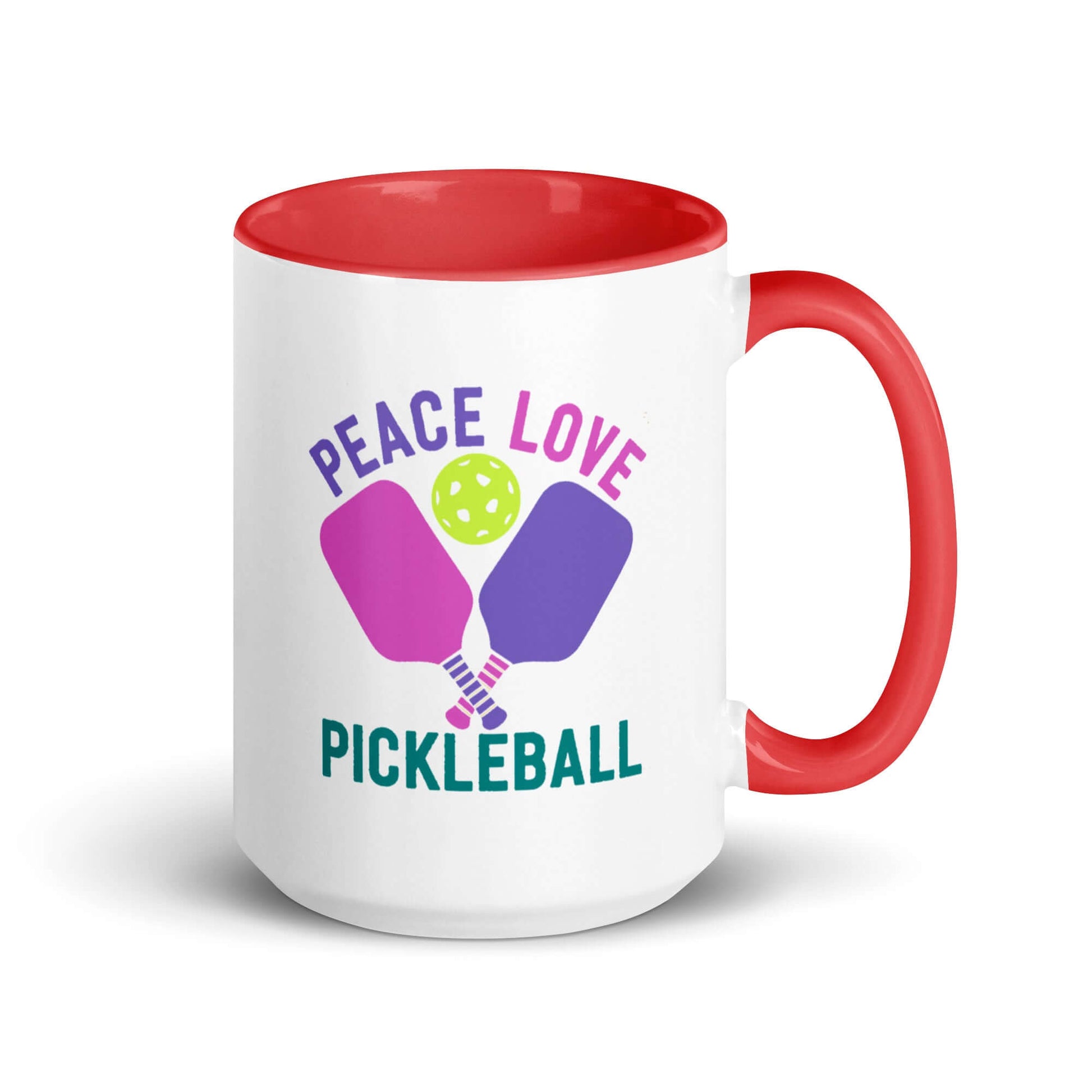 White mug with red accent featuring 'Peace Love Pickleball' and colorful paddles design.
