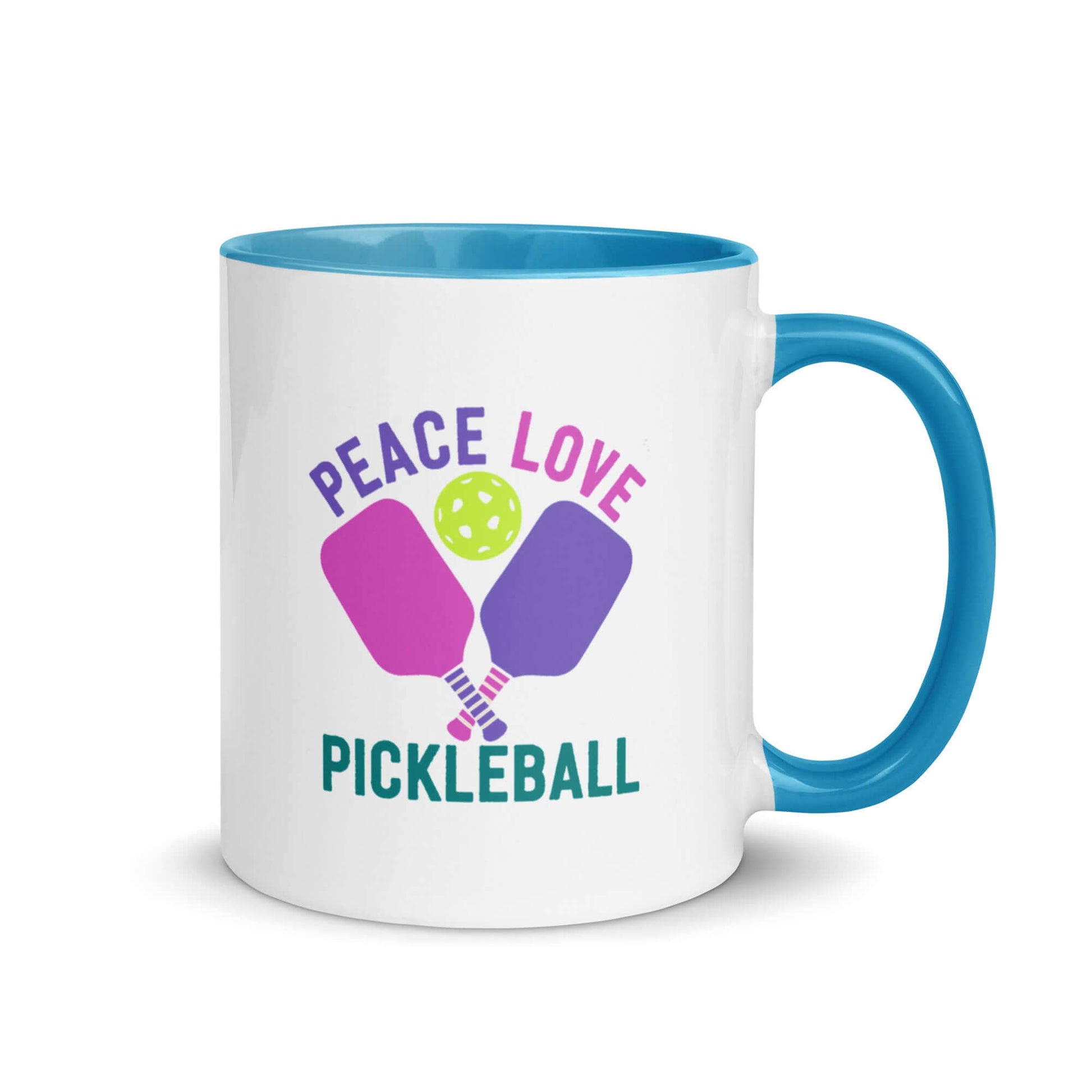 Peace, Love, Pickleball mug with colorful design and blue accent, perfect for pickleball enthusiasts.