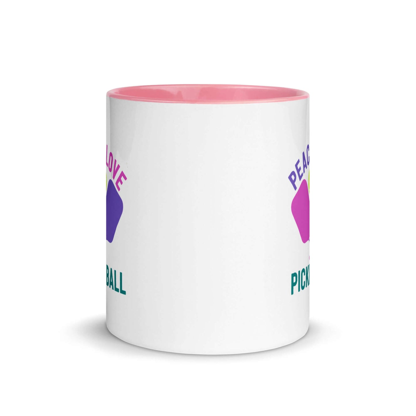 Peace, Love, Pickleball Mug with vibrant pink accent, ideal for pickleball enthusiasts.