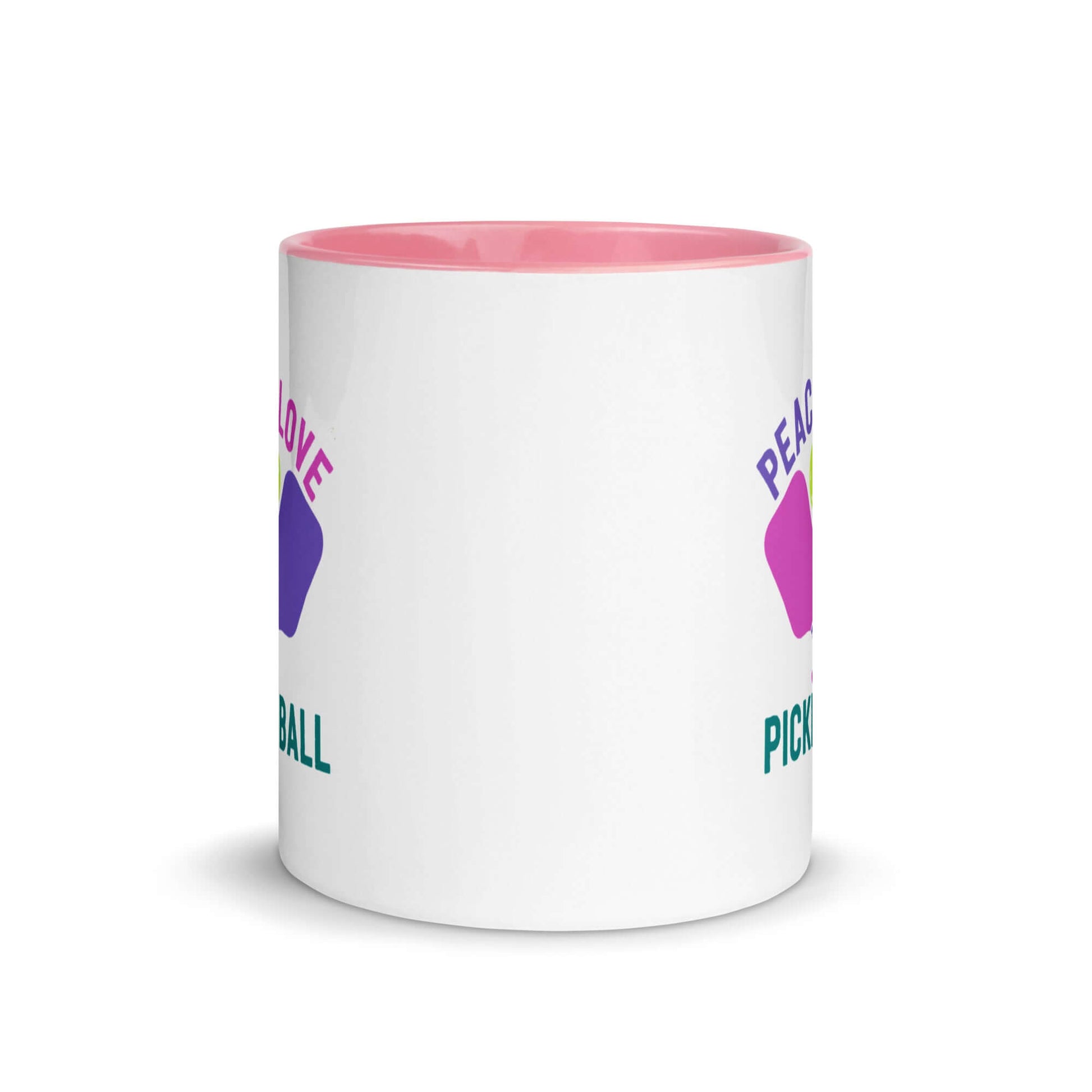 Peace, Love, Pickleball Mug with vibrant pink accent, ideal for pickleball enthusiasts.