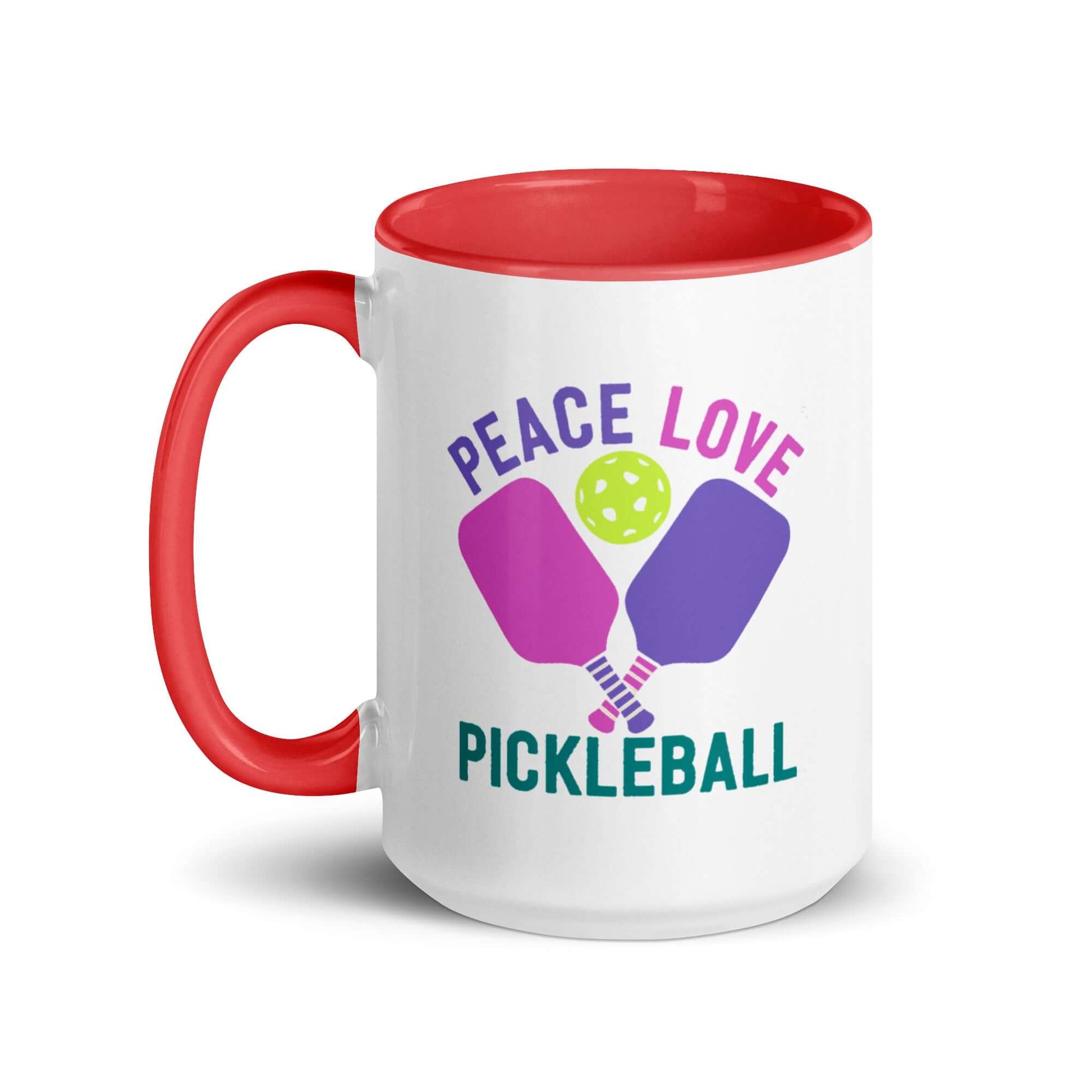 Peace, Love, Pickleball Mug with red accent color, perfect for pickleball fans, celebrating positivity and style.
