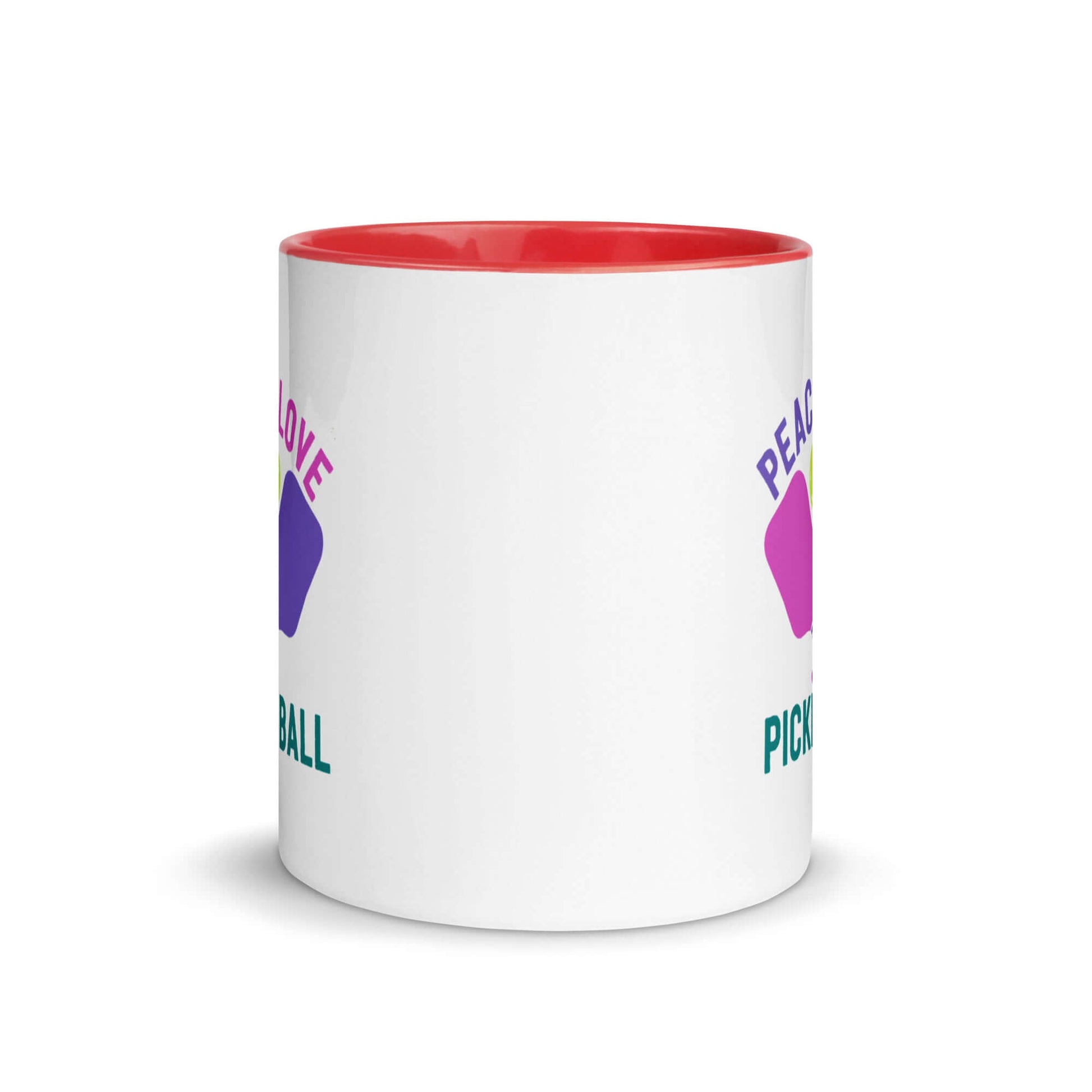 Peace, Love, Pickleball Mug featuring vibrant design and accent color, perfect for pickleball lovers.