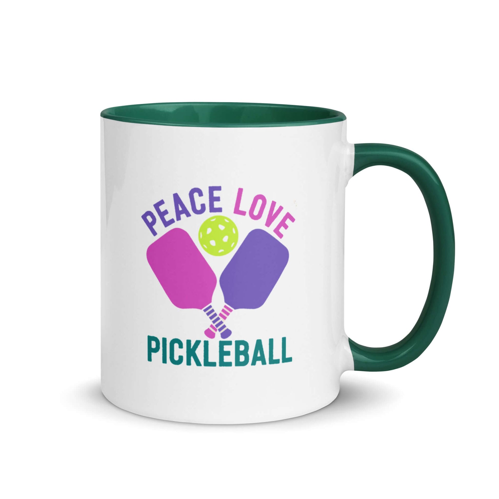 Peace, Love, Pickleball mug with green accent, perfect for pickleball fans who value style and positivity.