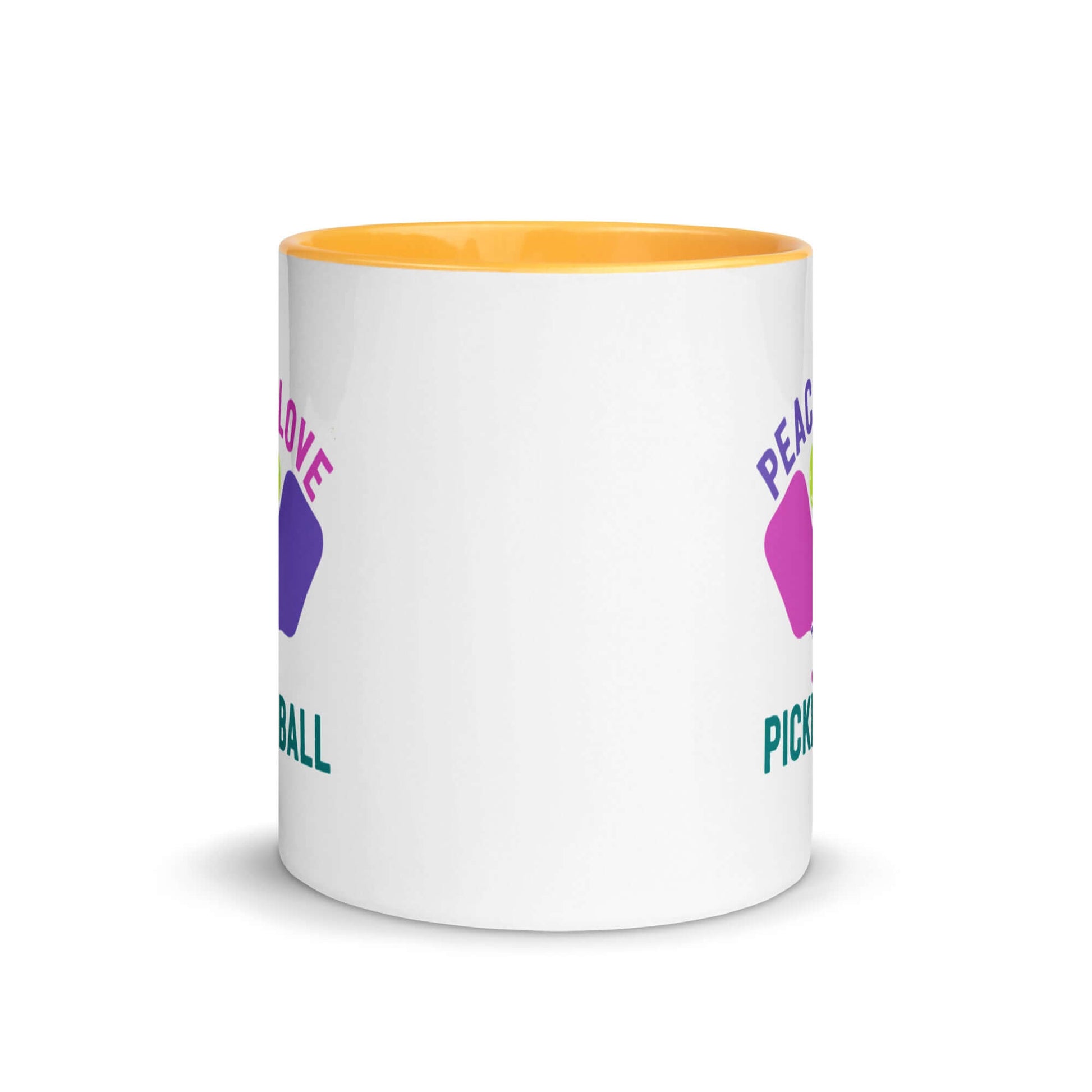 Peace, Love, Pickleball Mug with vibrant accent color, perfect for pickleball enthusiasts.