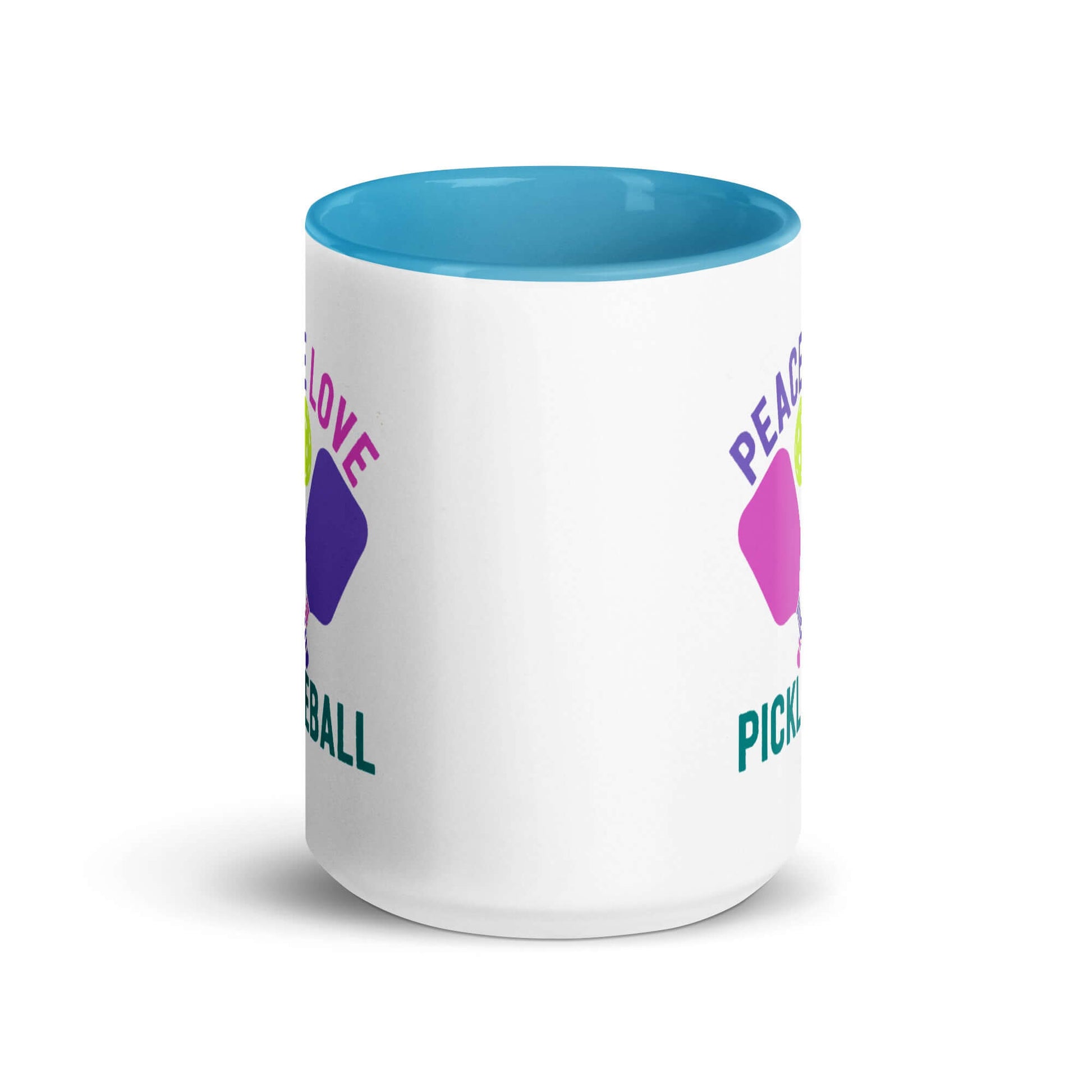 Colorful Peace, Love, Pickleball mug with accent color, perfect for pickleball enthusiasts.