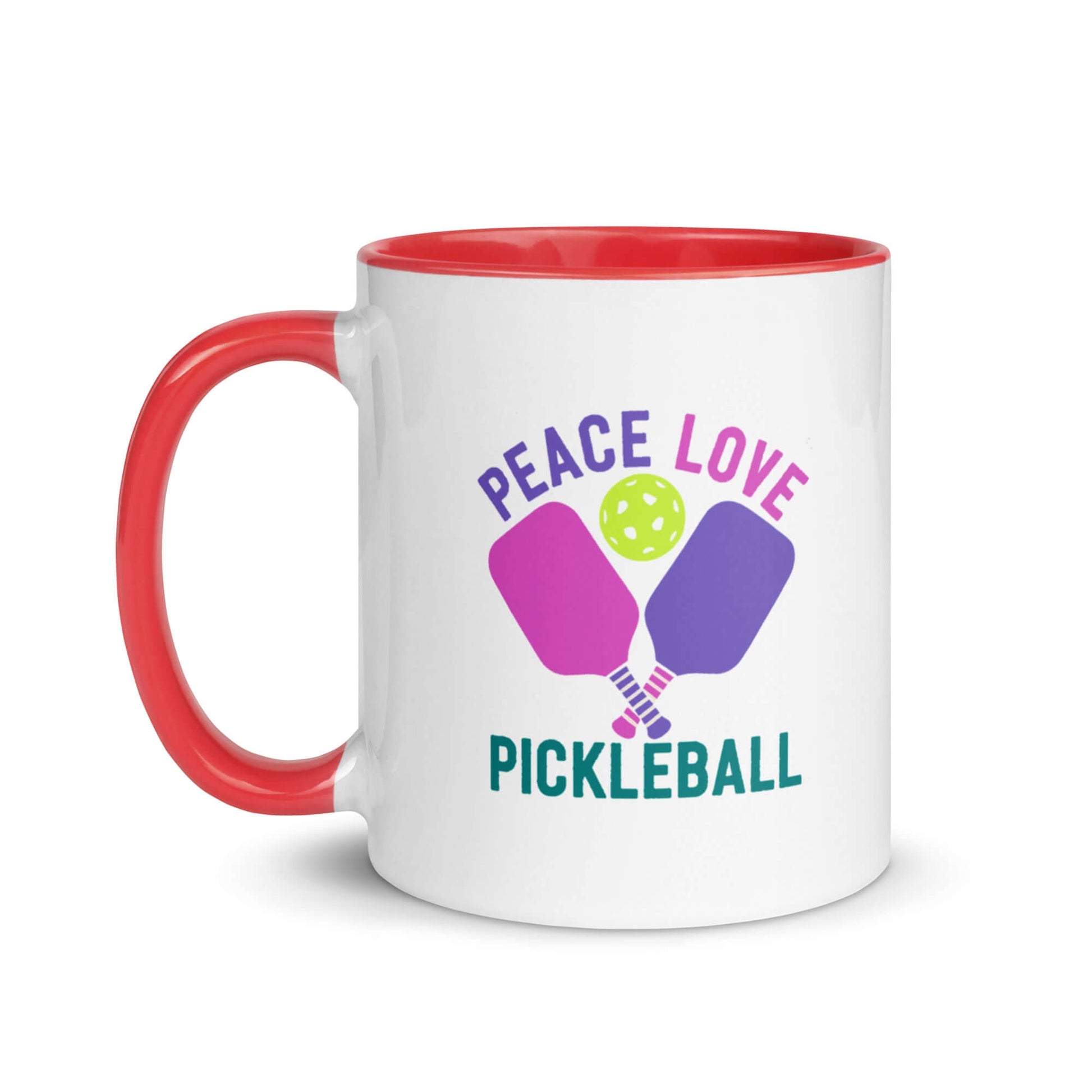 Peace, Love, Pickleball mug with red accent, featuring paddles and a ball design for pickleball enthusiasts.