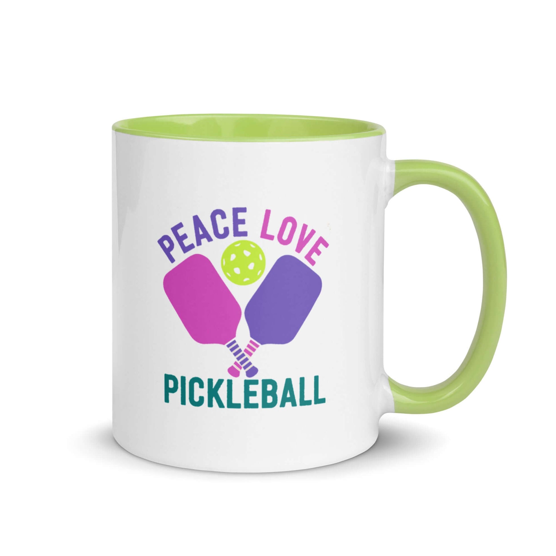 Peace Love Pickleball mug with green accent, perfect for coffee and tea lovers who enjoy pickleball.