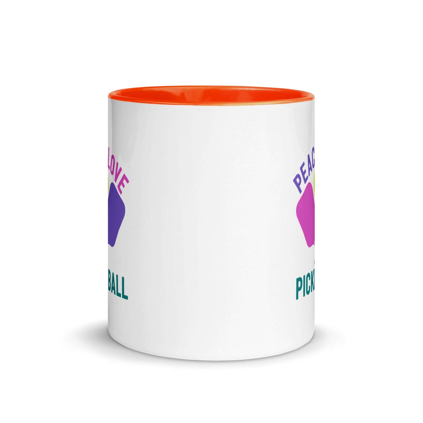 Peace, Love, Pickleball Mug with orange accent, perfect for sipping coffee or tea for pickleball lovers.