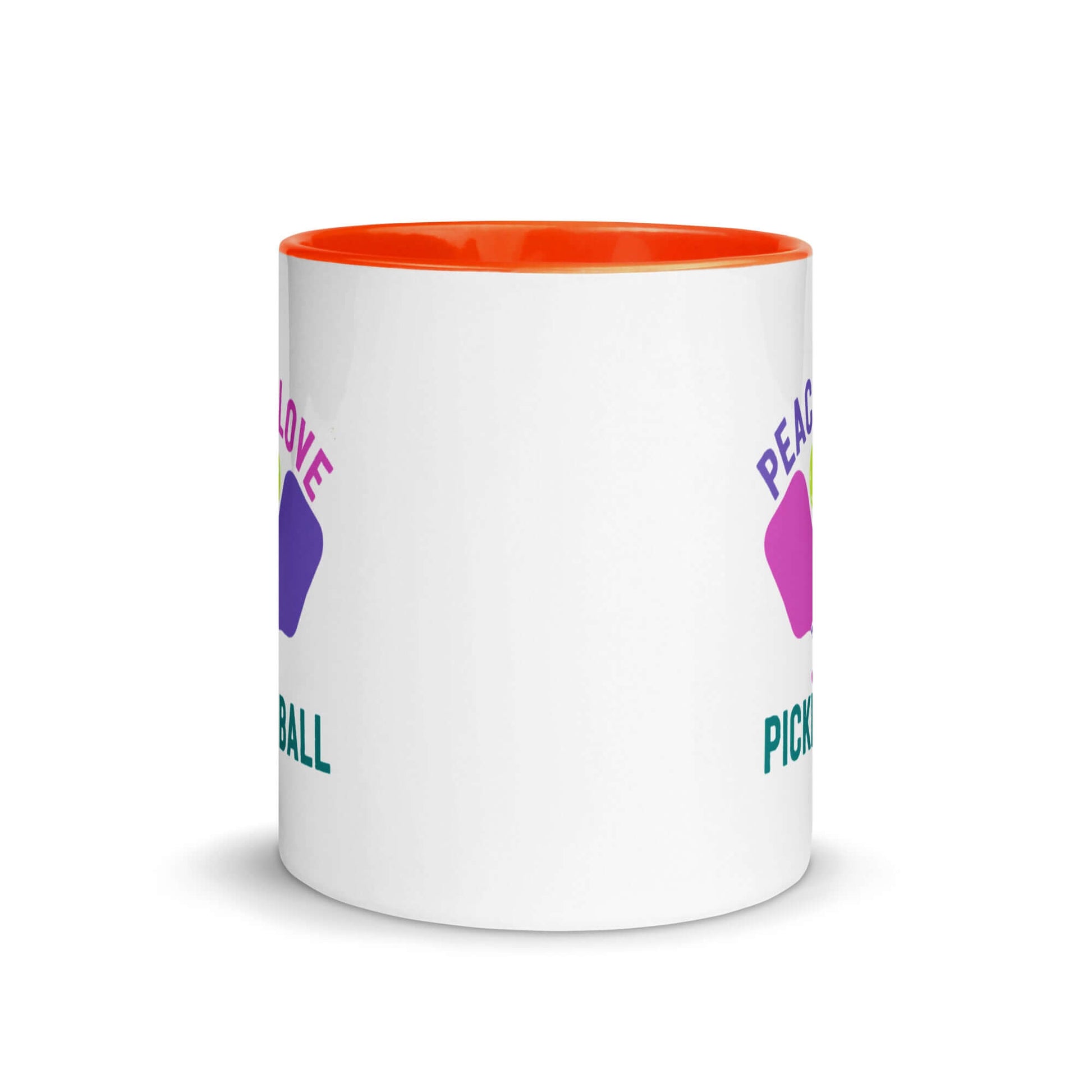 Peace, Love, Pickleball Mug with orange accent, perfect for sipping coffee or tea for pickleball lovers.