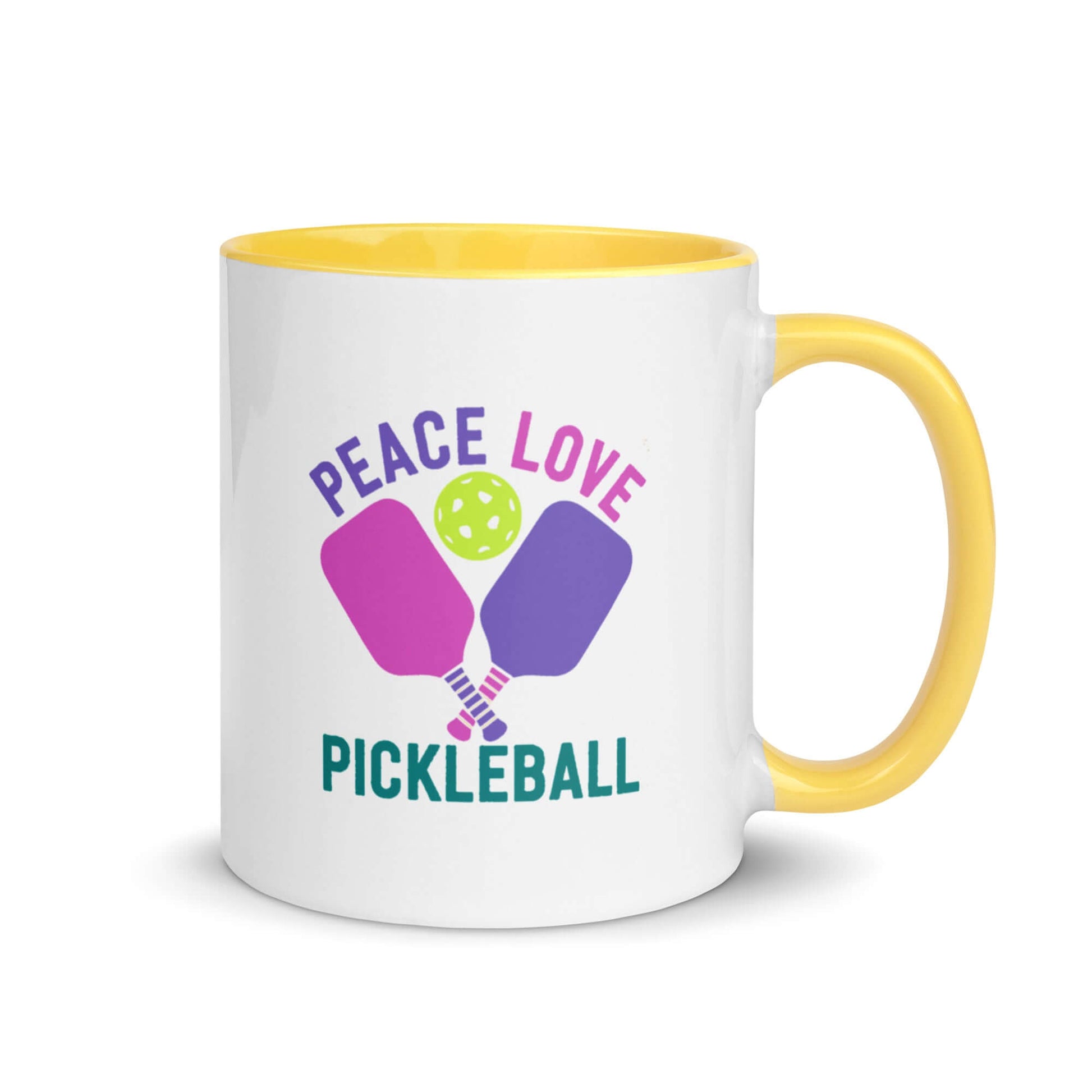Peace Love Pickleball mug with yellow accent, perfect for pickleball enthusiasts and vibrant coffee moments.