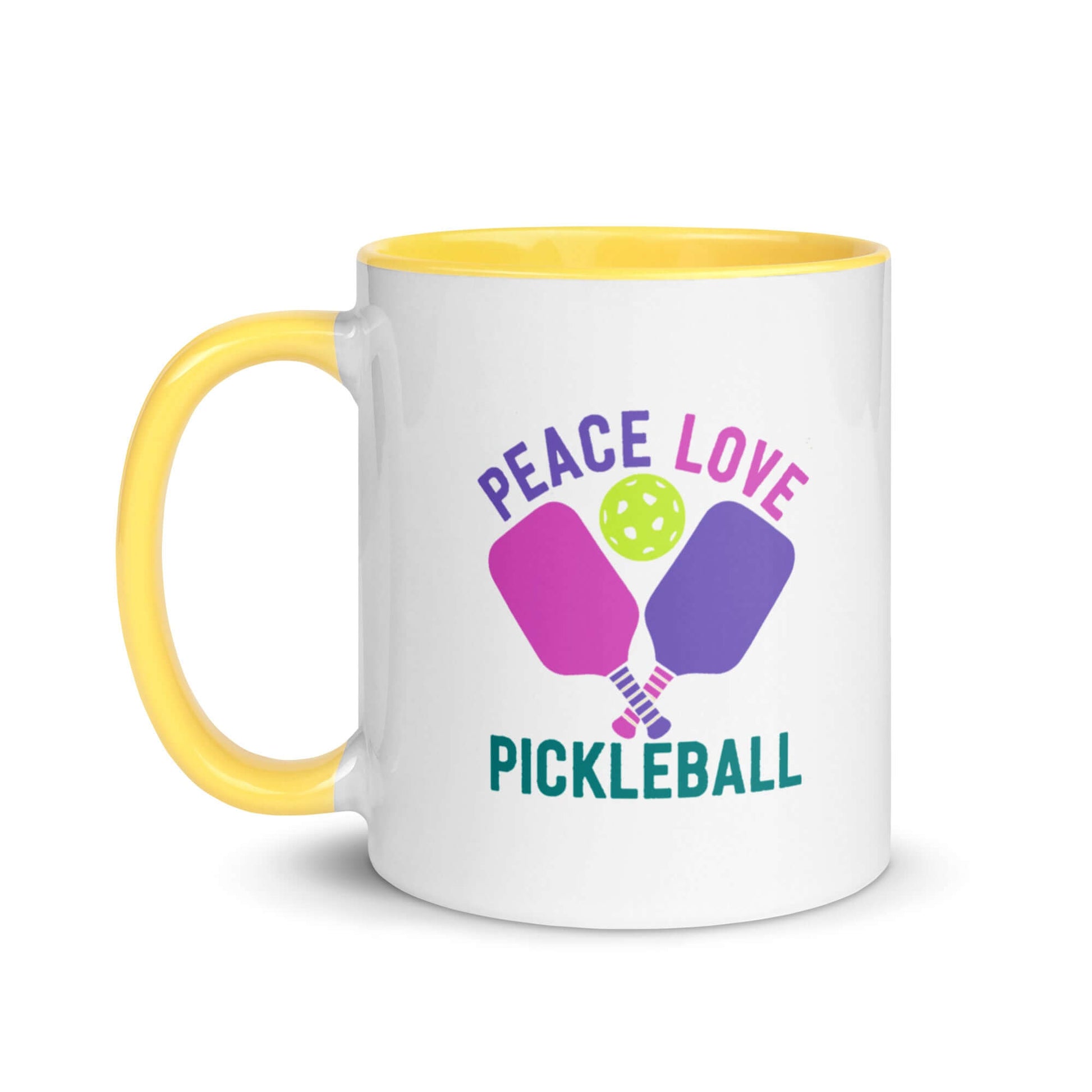 Peace, Love, Pickleball mug with yellow accents, perfect for pickleball enthusiasts and vibrant coffee moments.