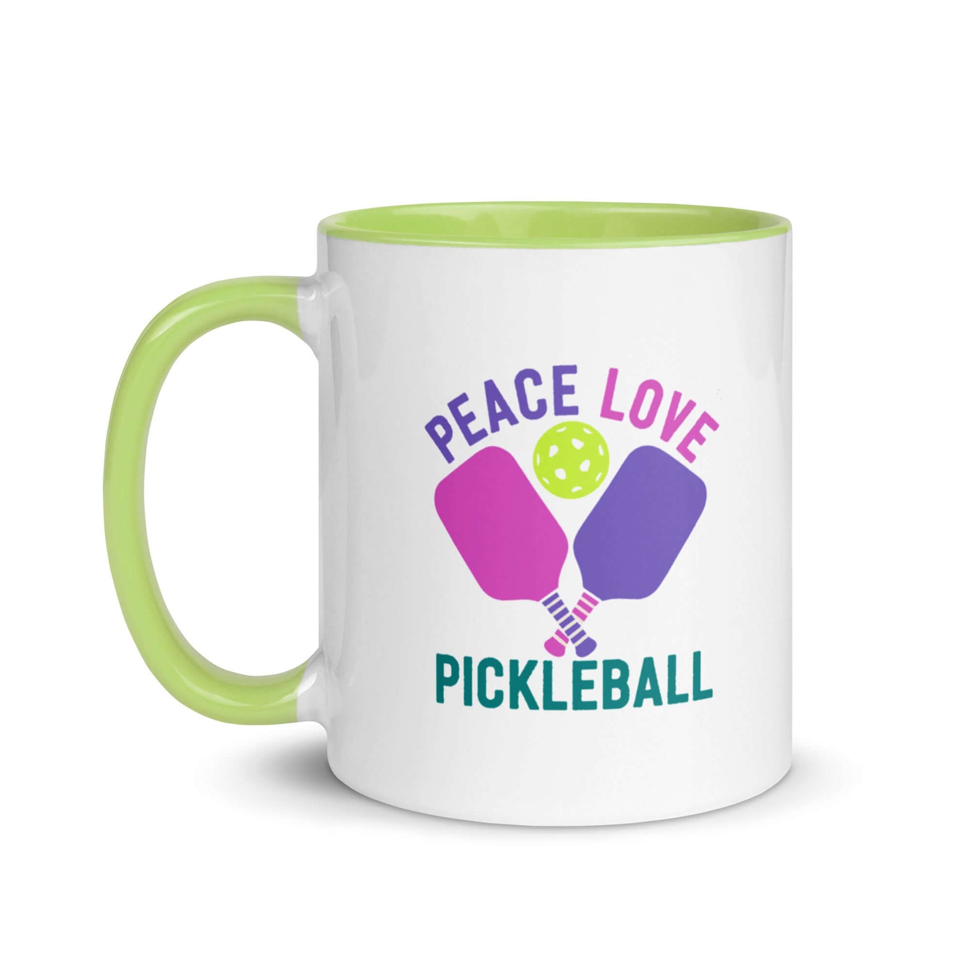 Colorful Peace, Love, Pickleball mug with accent handle, perfect for pickleball enthusiasts.