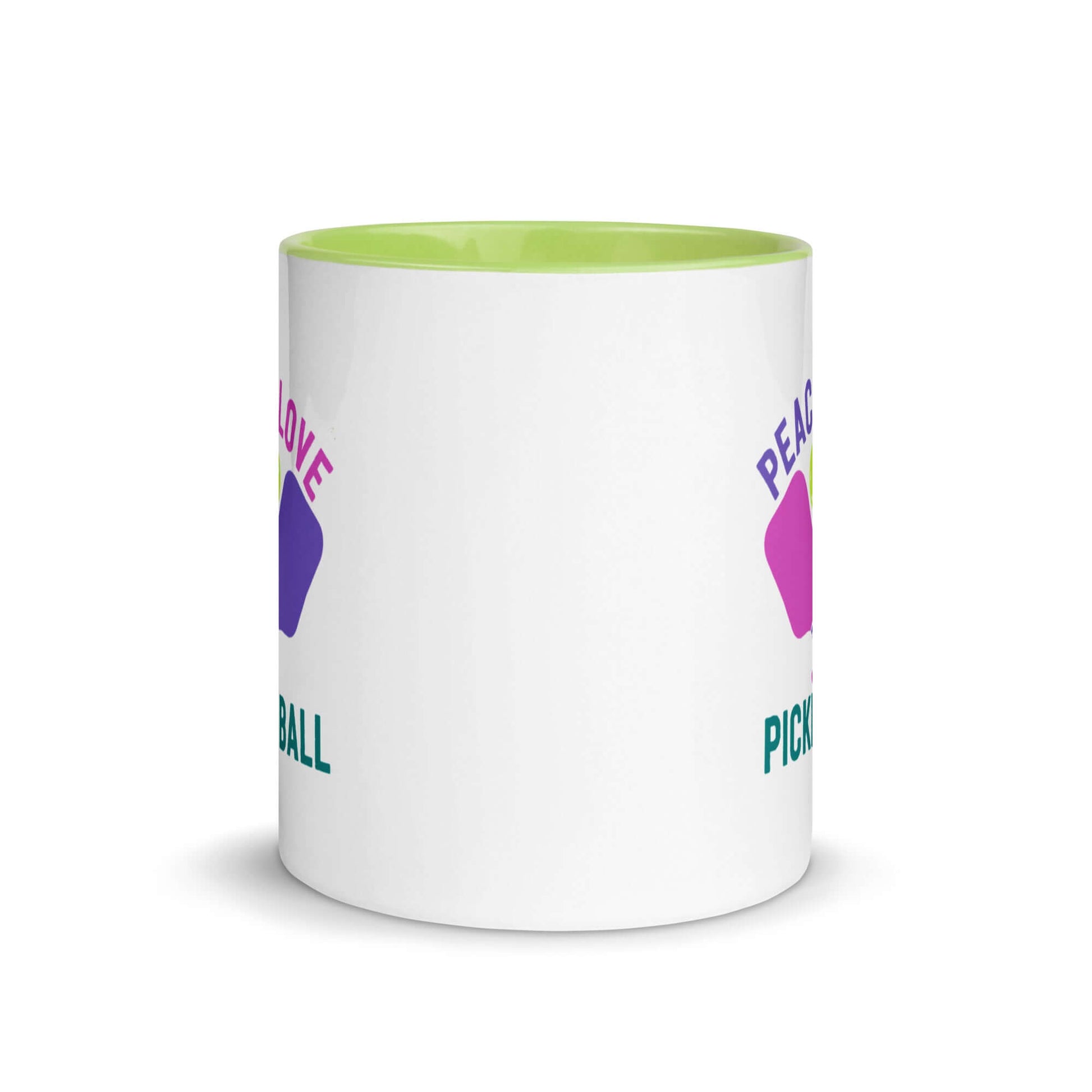 Peace, Love, Pickleball mug with green accent, perfect for pickleball enthusiasts and vibrant mornings.