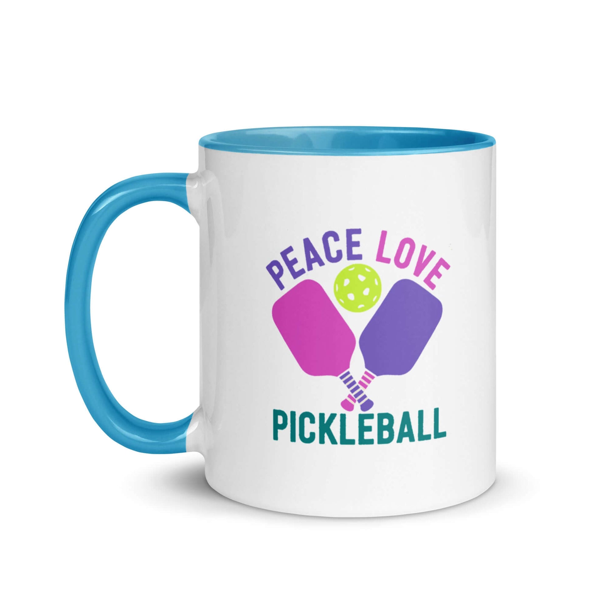 Peace Love Pickleball mug with vibrant design and accent color, perfect for pickleball enthusiasts.
