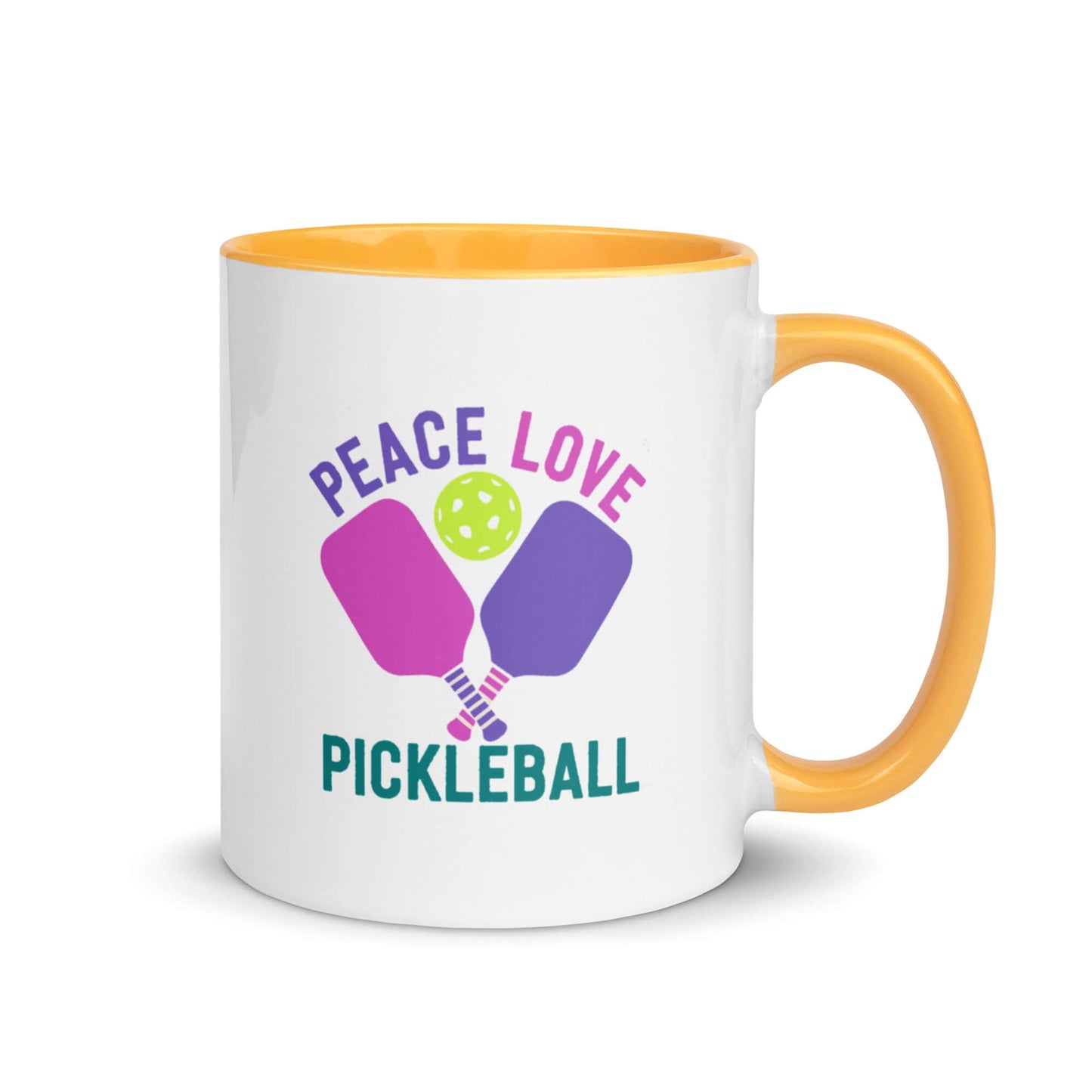 Peace, Love, Pickleball mug with vibrant colors, perfect for pickleball enthusiasts.
