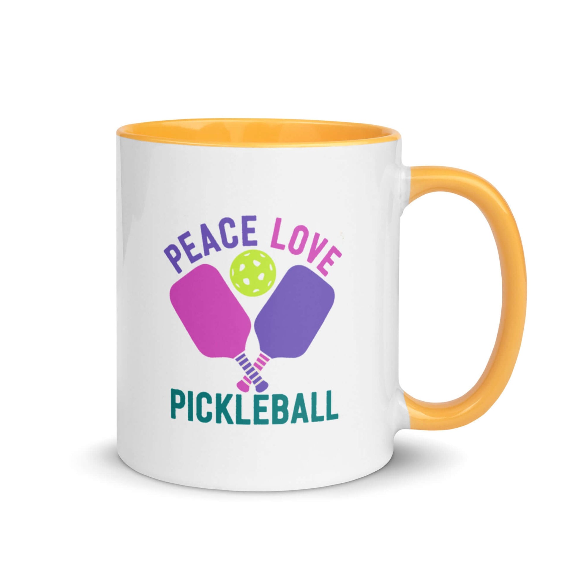 Peace, Love, Pickleball mug with vibrant colors, perfect for pickleball enthusiasts.