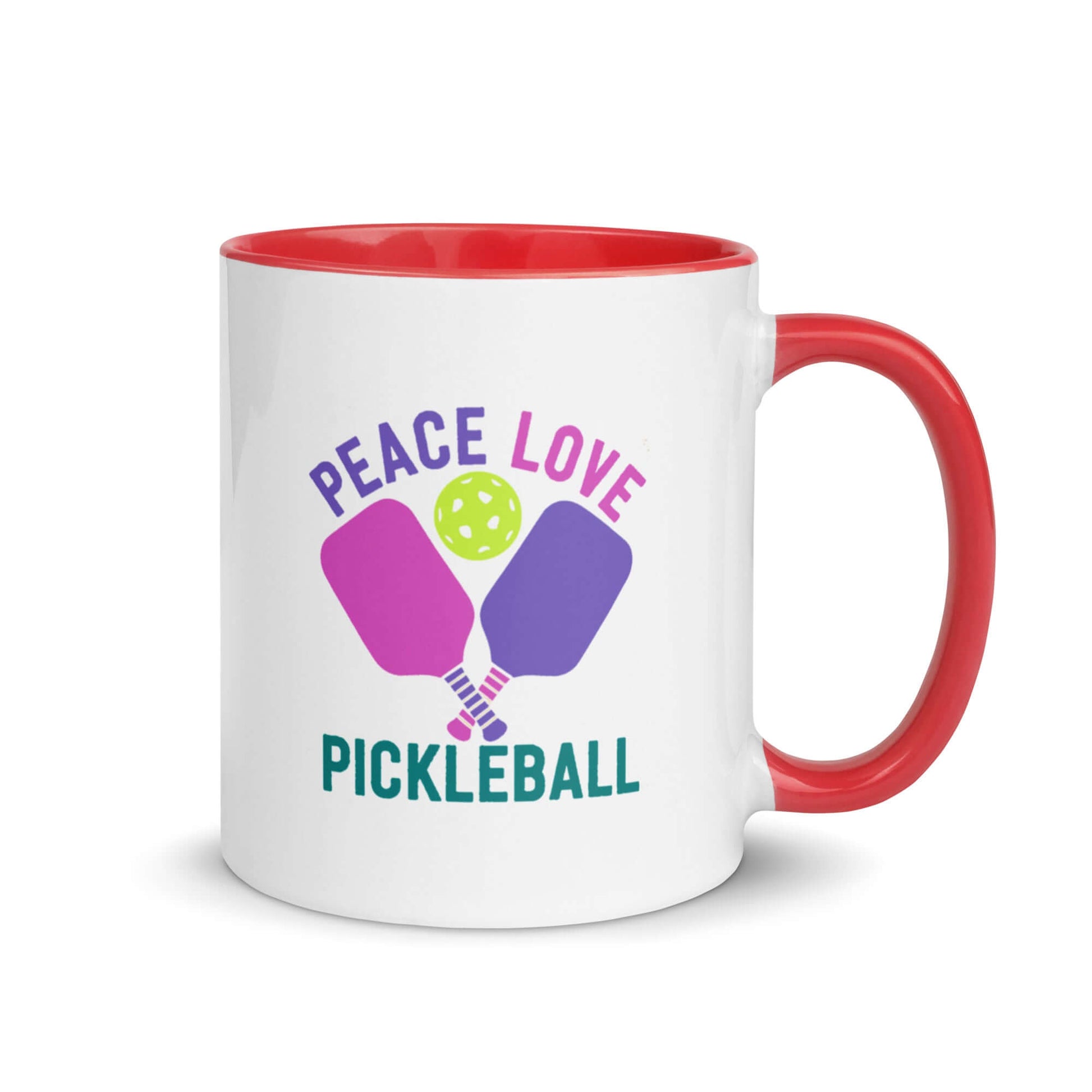 Peace Love Pickleball mug with red accent, perfect for pickleball enthusiasts and stylish sipping.