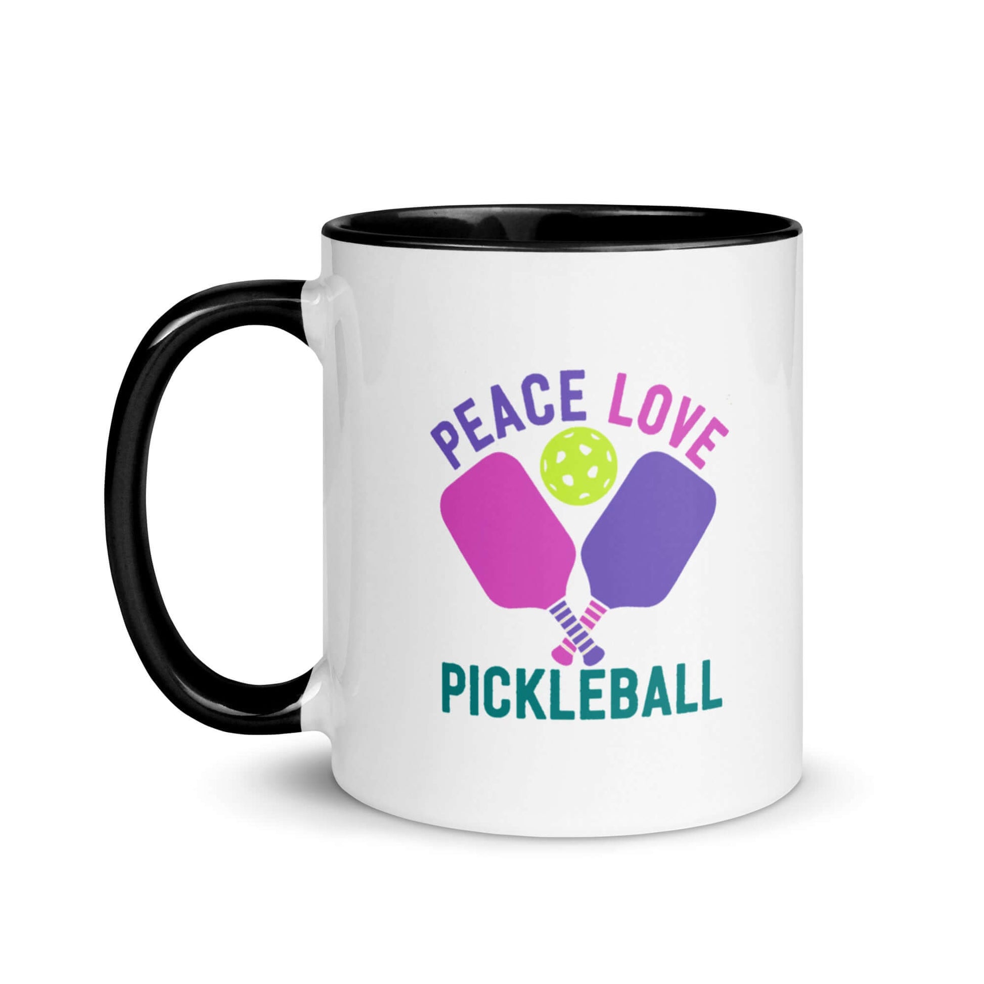 Peace Love Pickleball mug with black handle and accent color, perfect for pickleball enthusiasts.