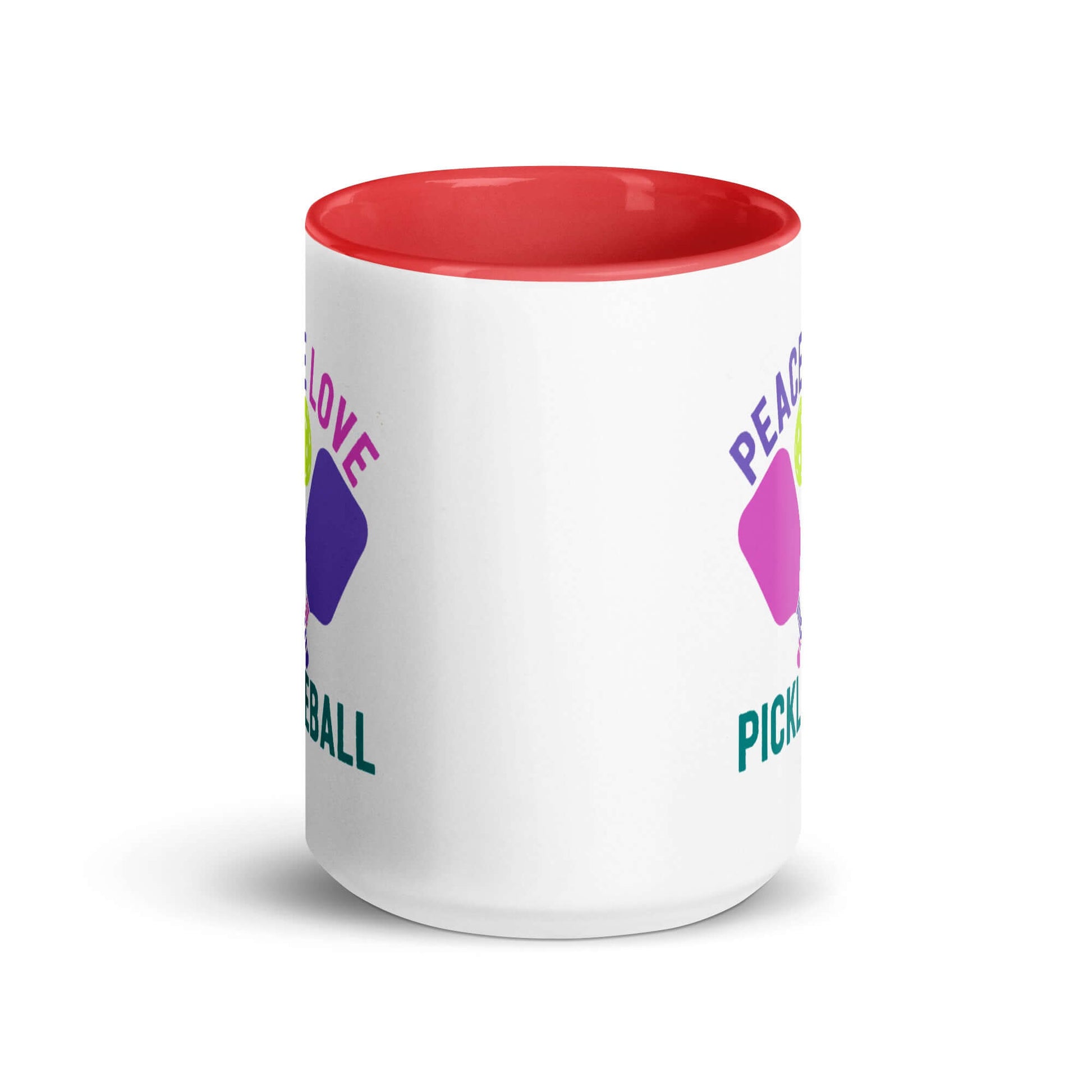 Peace, Love, Pickleball Mug with red accent color for coffee lovers and pickleball enthusiasts.