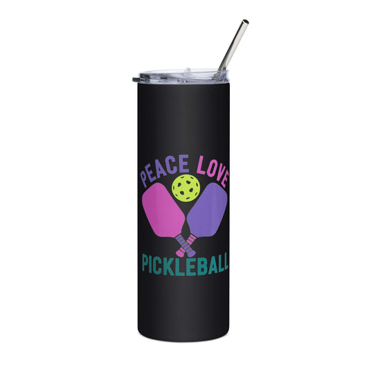 Peace Love Pickleball stainless steel tumbler with colorful design and straw, perfect for pickleball enthusiasts.