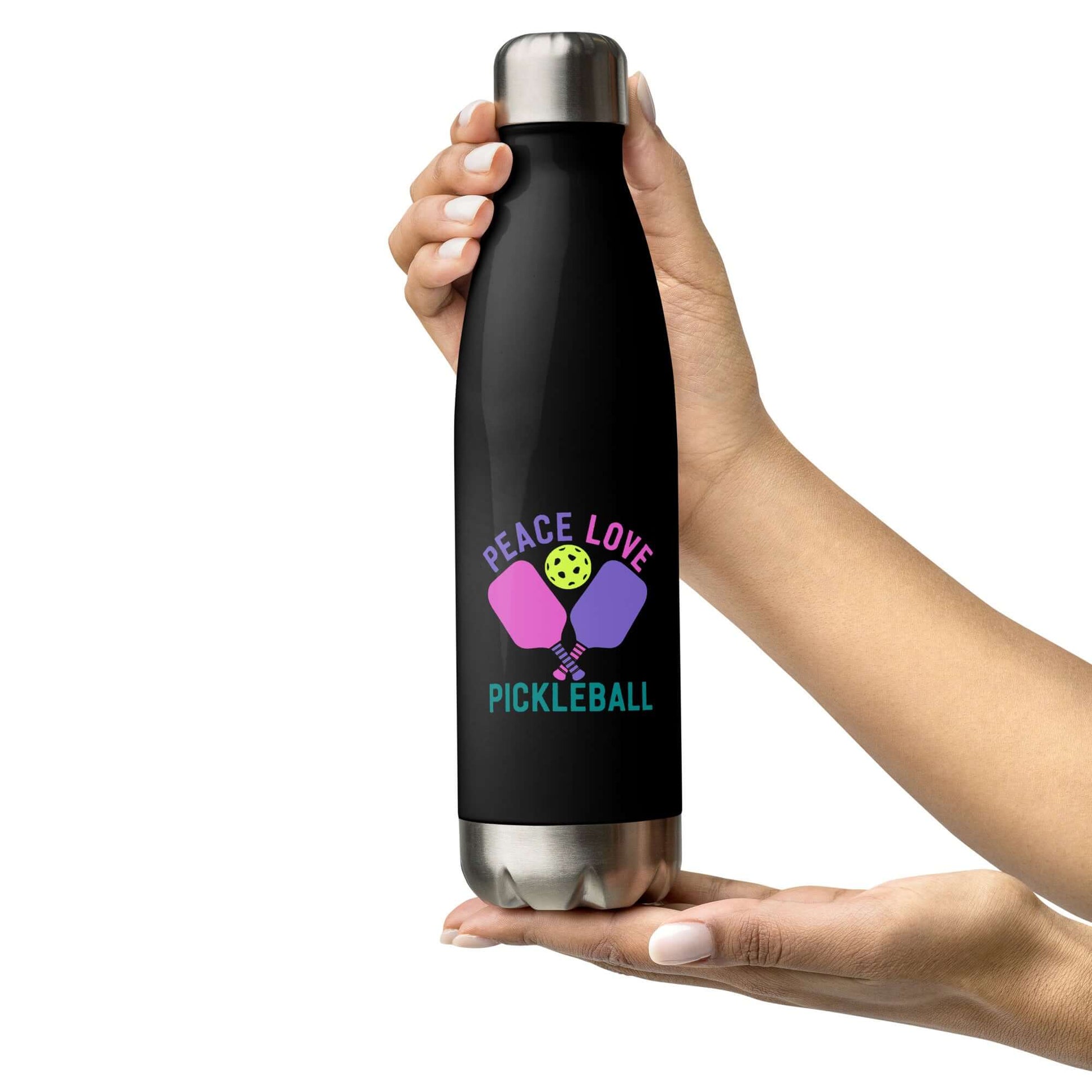 Black stainless steel water bottle with 'Peace Love Pickleball' design, held by a hand.