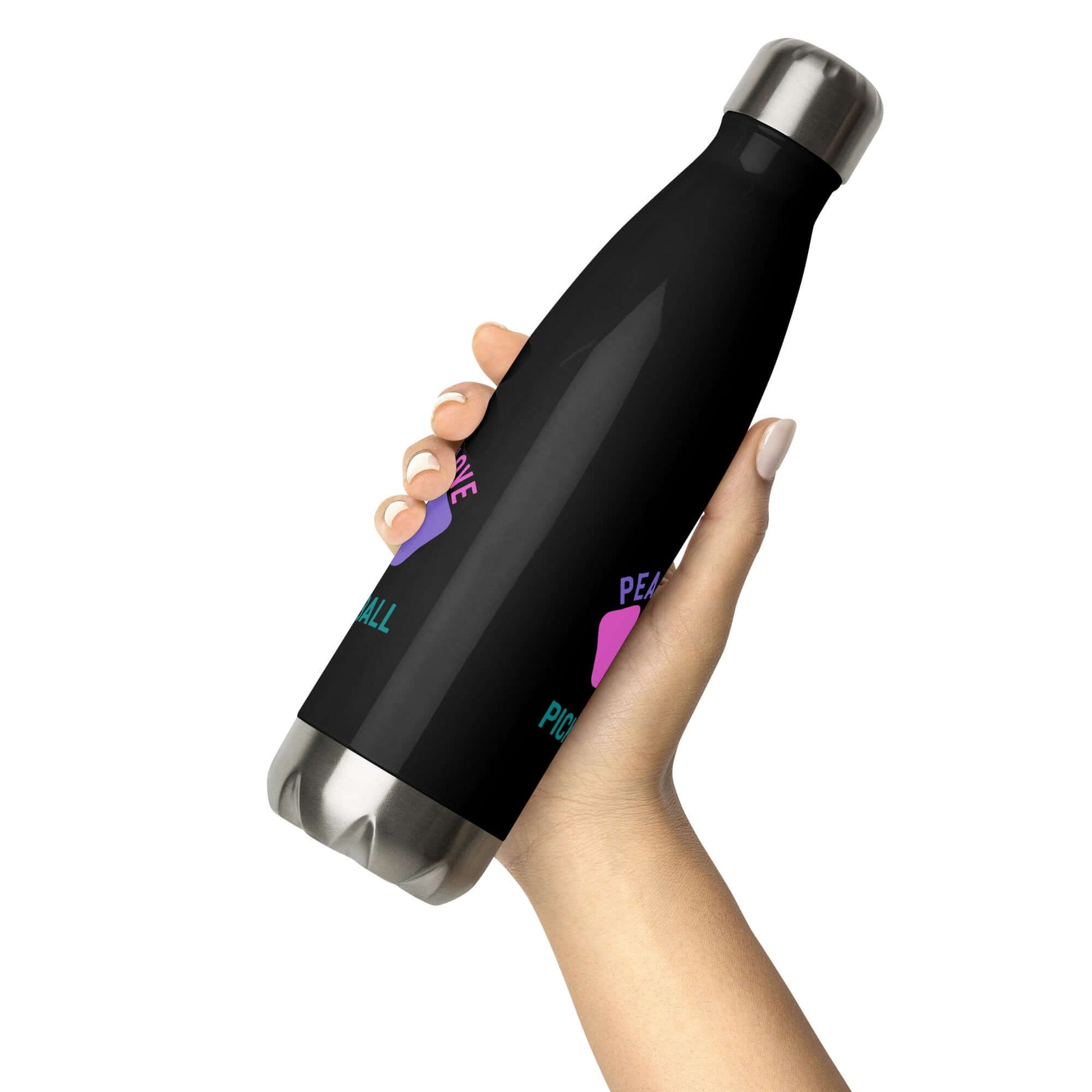 Hand holding a black stainless steel water bottle with 'Peace, Love, Pickleball' design, perfect for hydration.