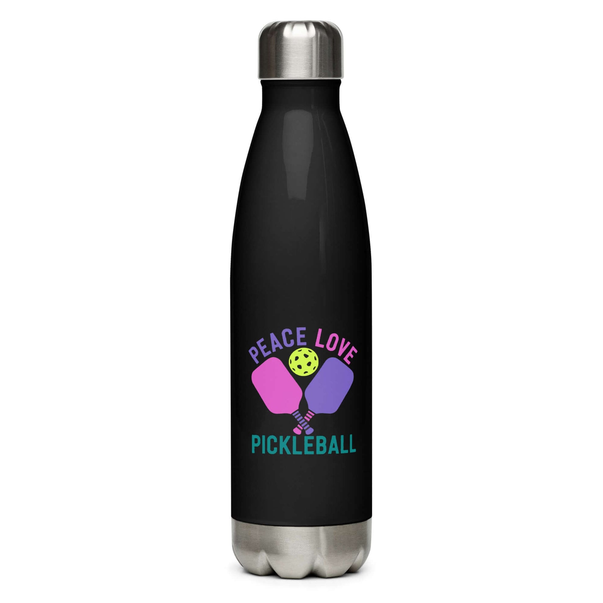 Peace, Love, Pickleball stainless steel water bottle, stylish hydration for pickleball enthusiasts.