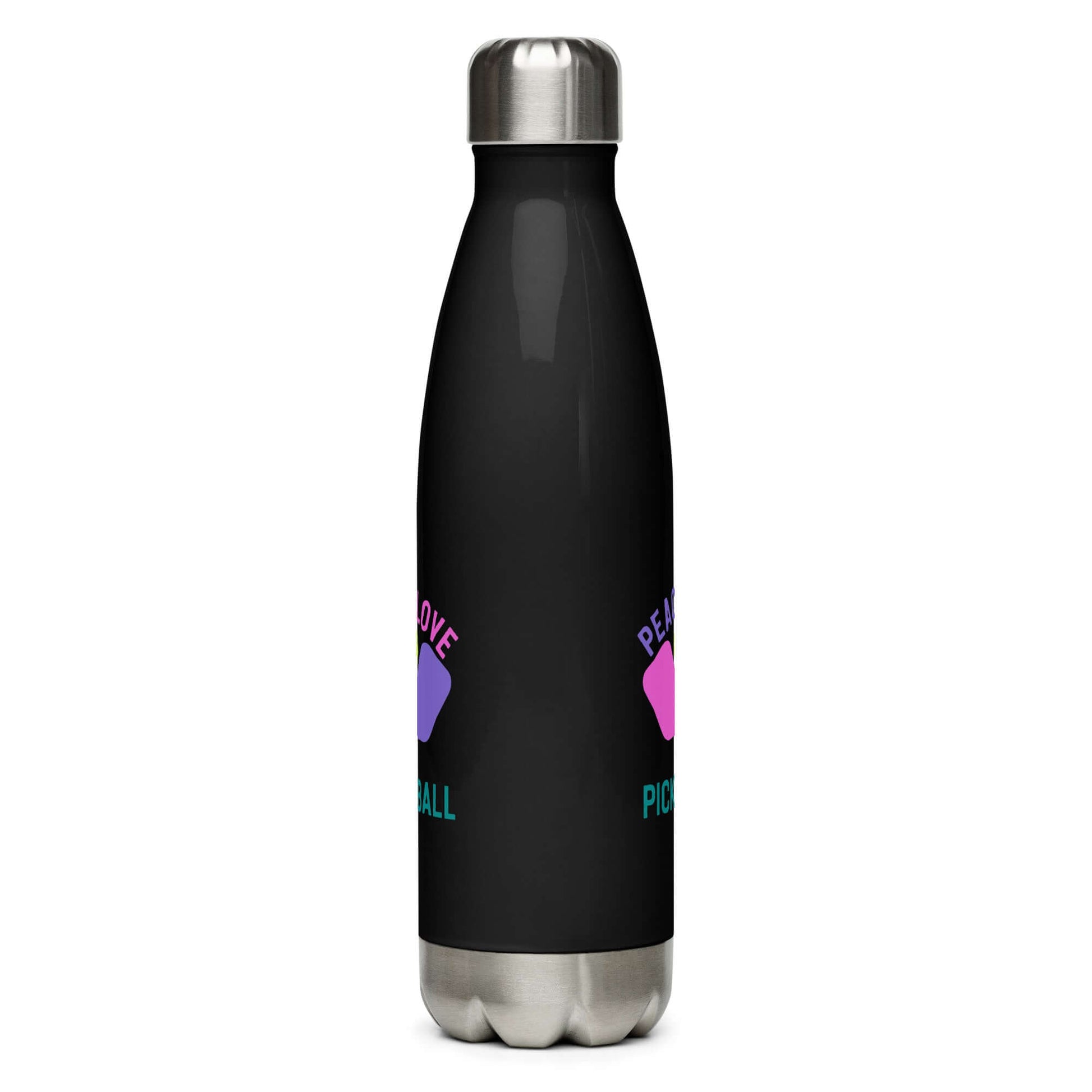 Peace, Love, Pickleball stainless steel water bottle in black, stylish accessory for hydration and sports.