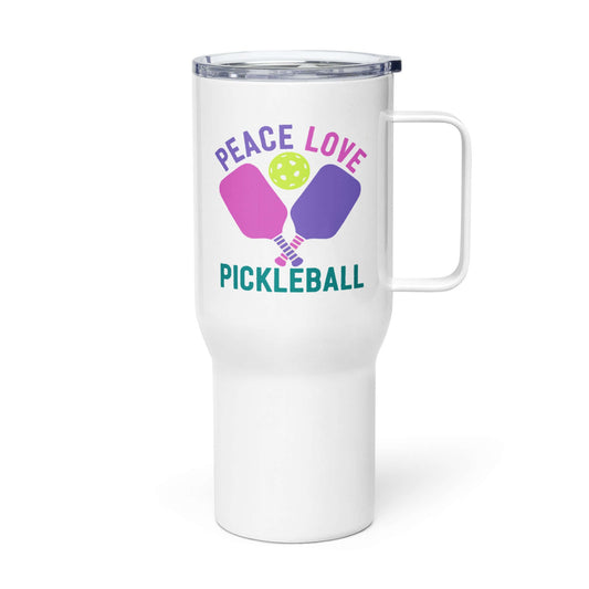 White travel mug with handle featuring 'Peace Love Pickleball' design and pickleball paddles.
