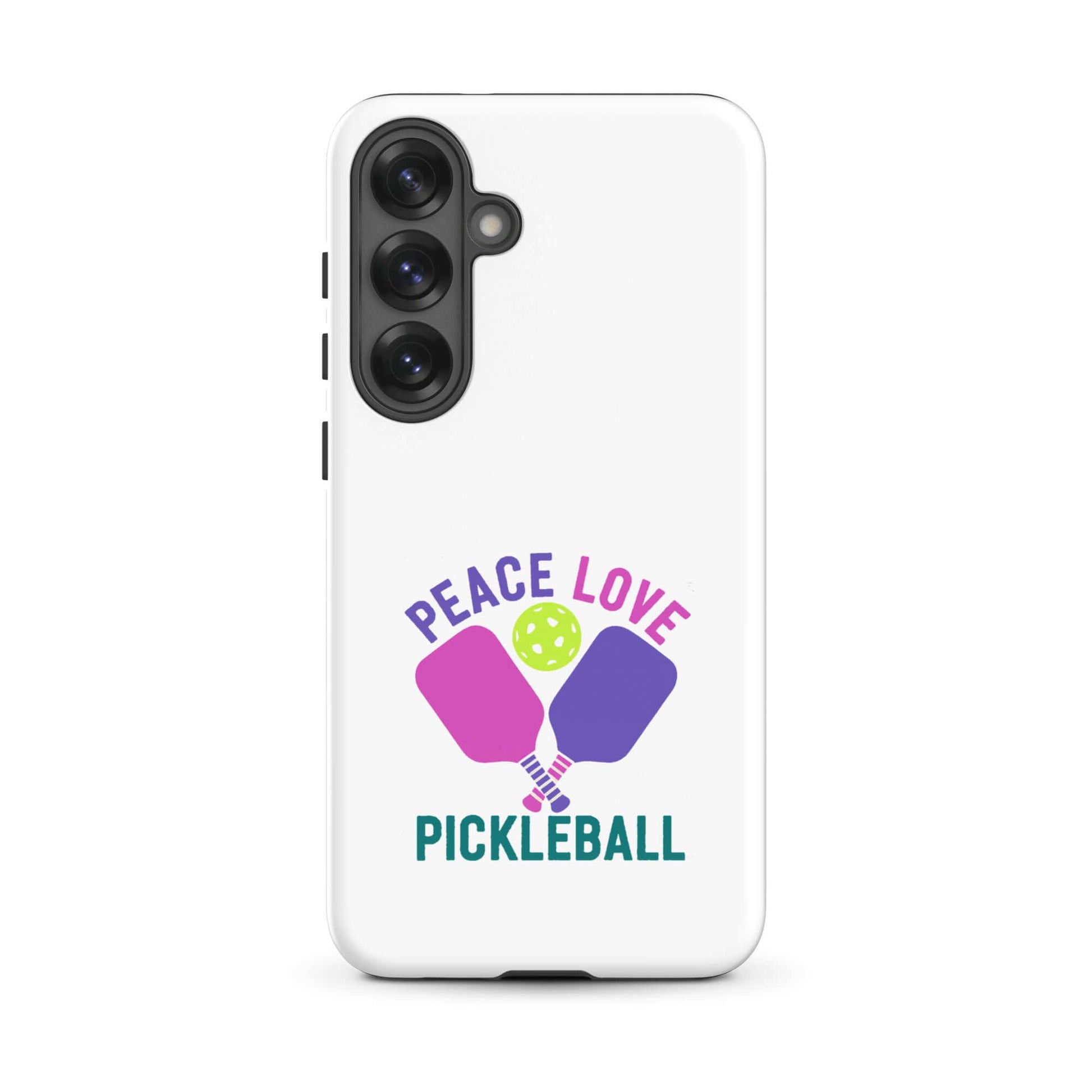 White Samsung Galaxy tough case featuring 'Peace Love Pickleball' design with paddles and a pickleball.
