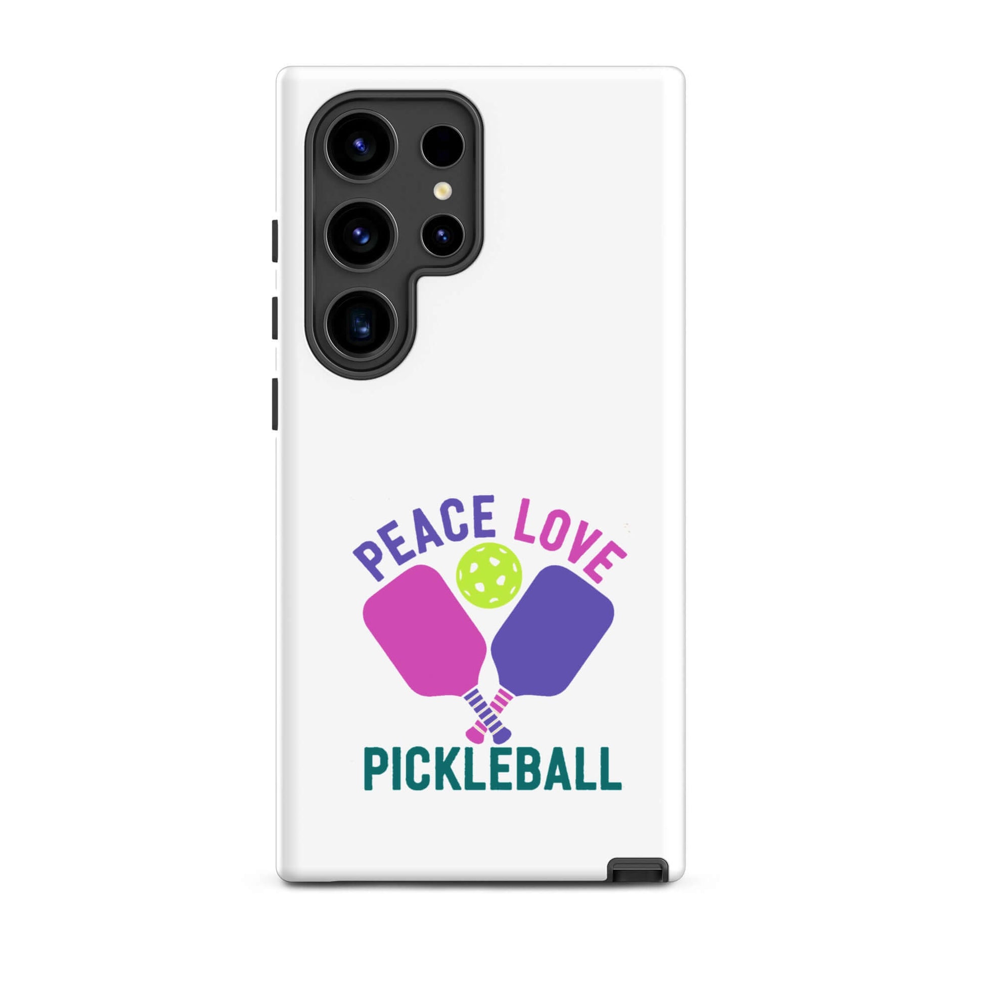 Peace, Love, Pickleball design on a white tough case for Samsung Galaxy smartphones.