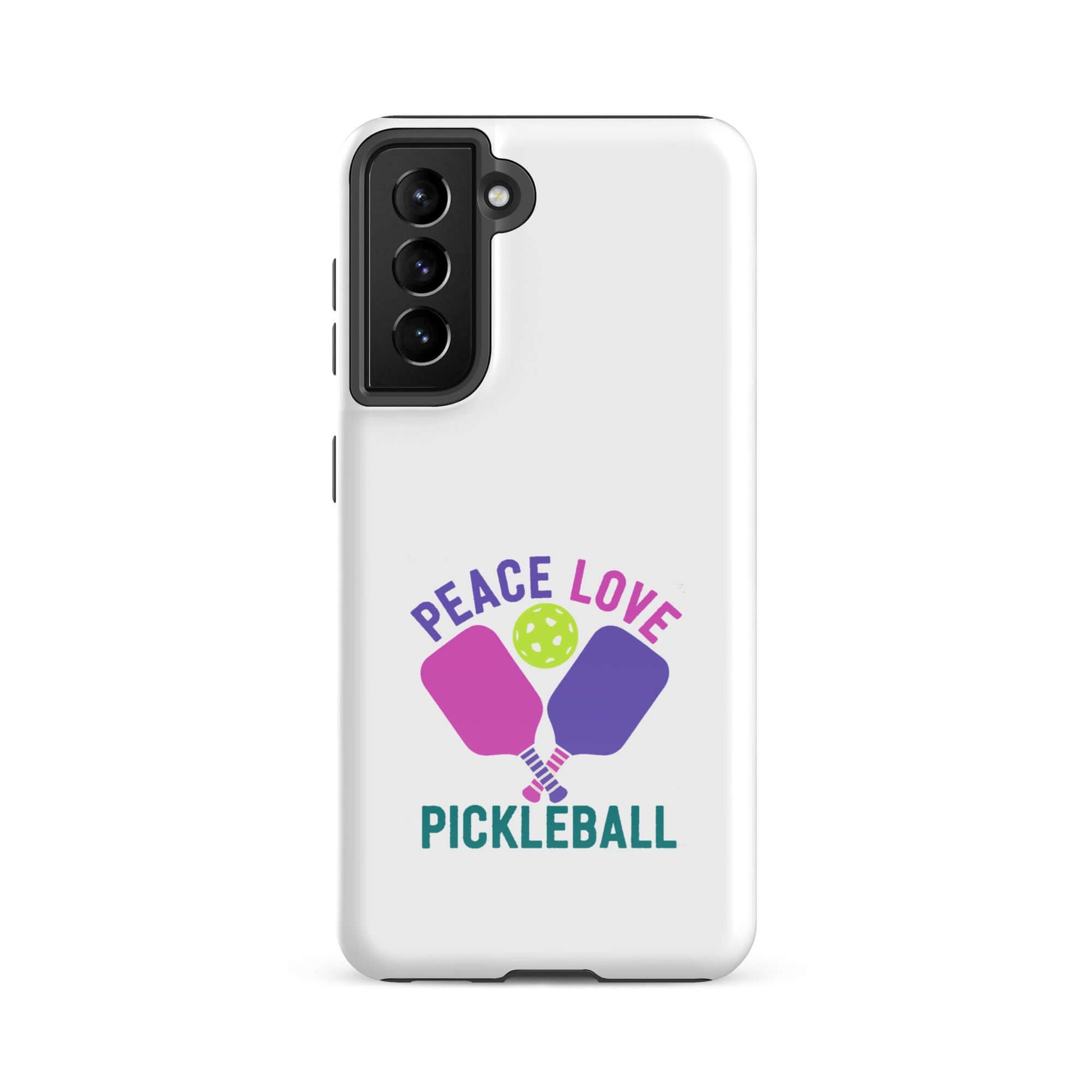 Peace Love Pickleball white tough case for Samsung Galaxy smartphones featuring pickleball paddles.
