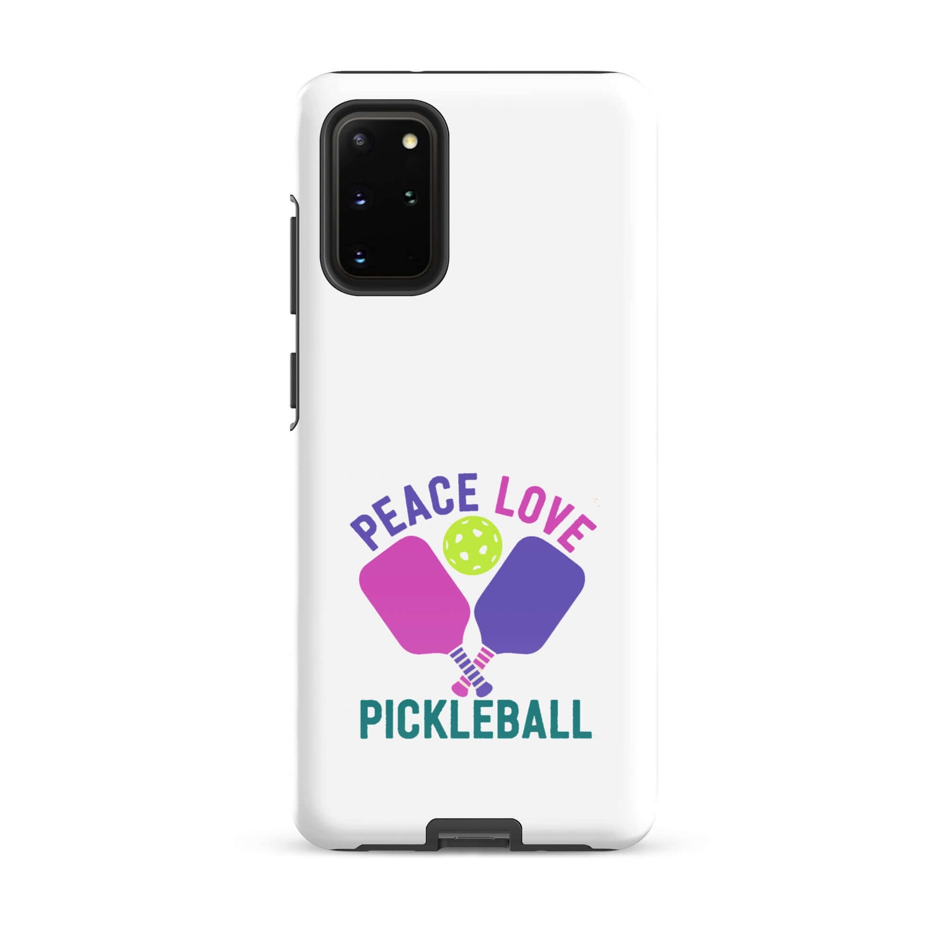 Peace Love Pickleball white tough case for Samsung Galaxy smartphone featuring paddles and a pickleball graphic.